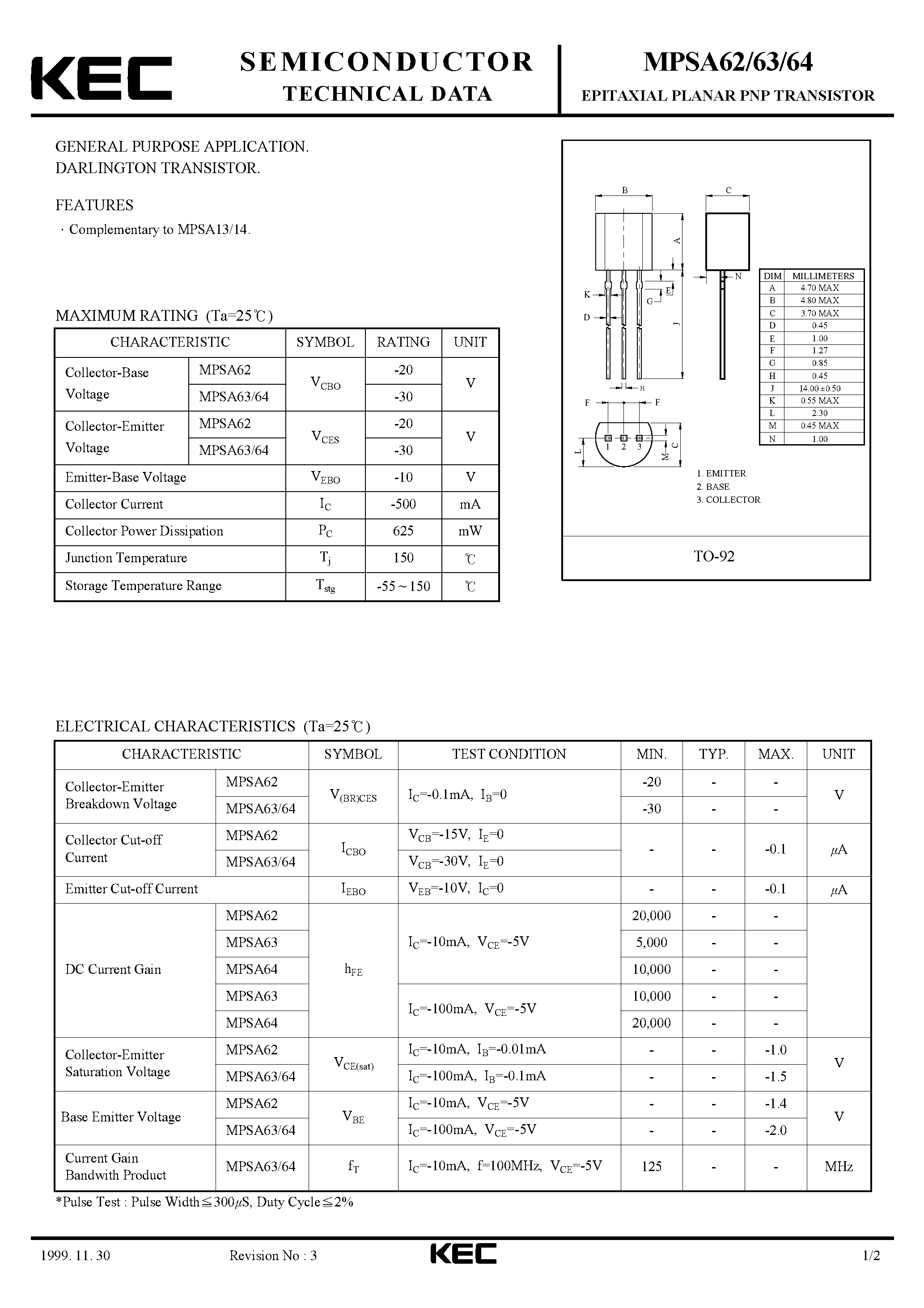 Даташит MPSA63 - EPITAXIAL PLANAR PNP TRANSISTOR (GENERAL PURPOSE DARLINGTON TRANSISTOR) страница 1