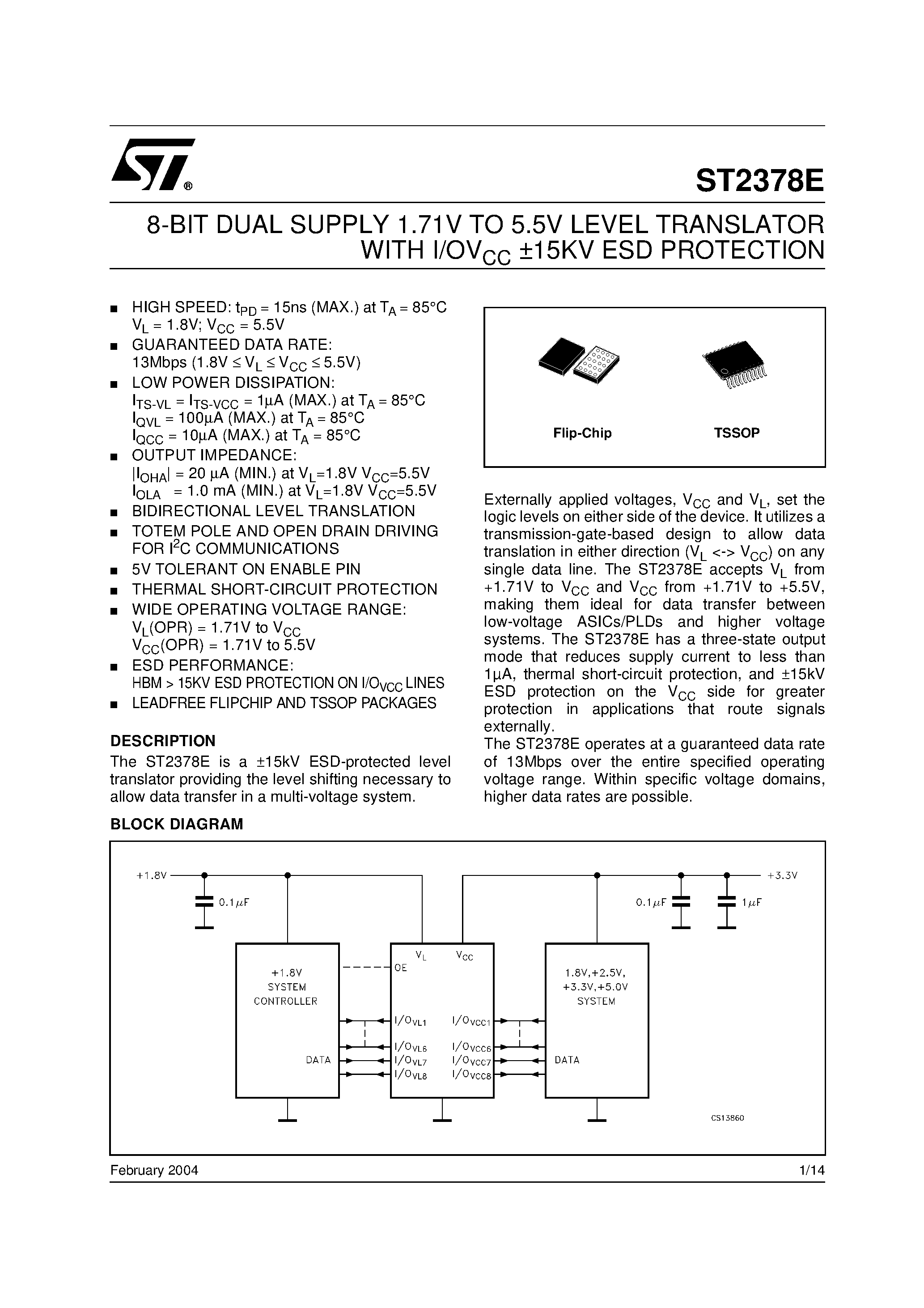 Даташит ST2378E - 8-BIT DUAL SUPPLY 1.71V TO 5.5V LEVEL TRANSLATOR страница 1