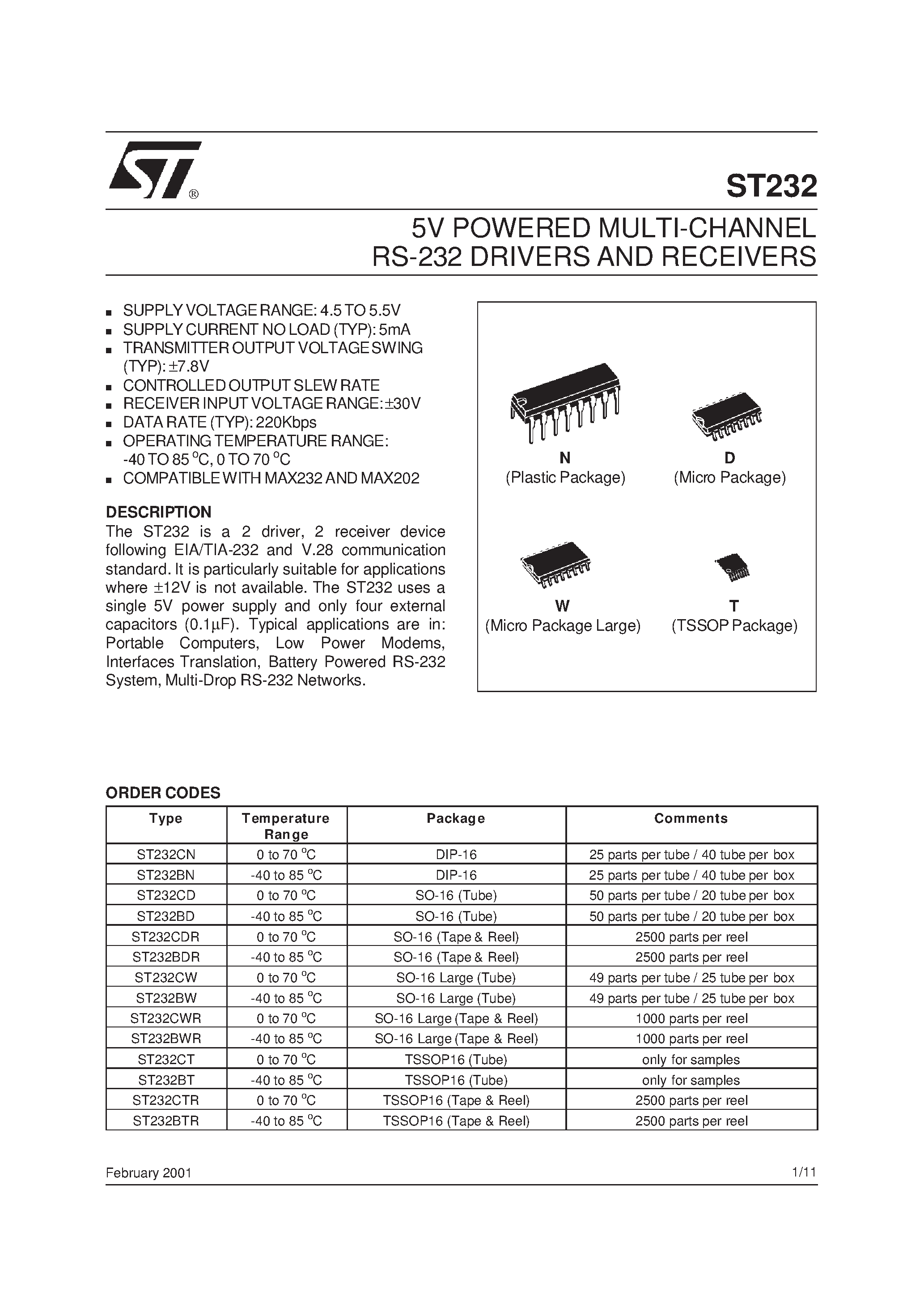 Даташит ST232 - 5V POWERED MULTI-CHANNEL RS-232 DRIVERS AND RECEIVERS страница 1