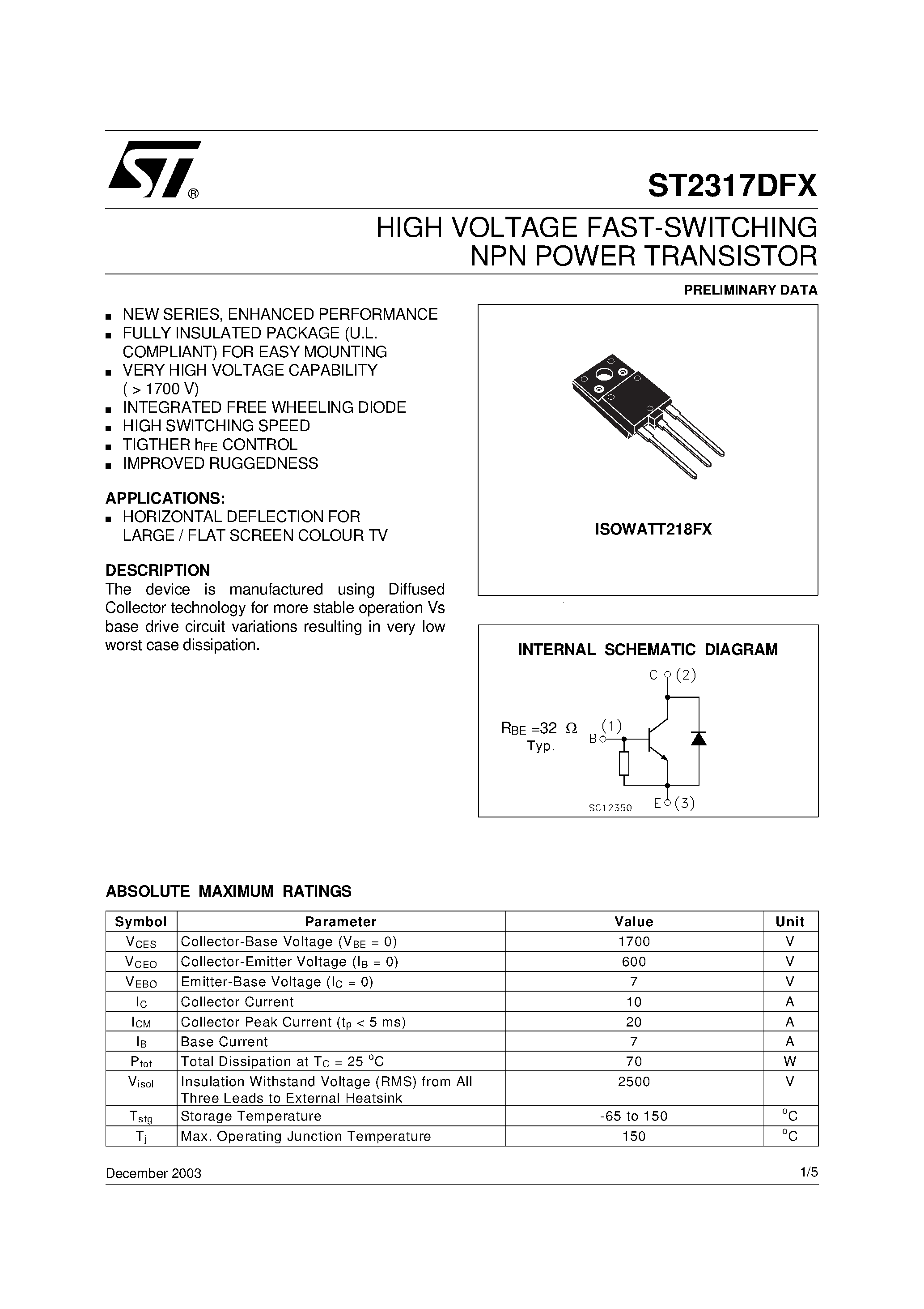 Даташит ST2317DFX - HIGH VOLTAGE FAST-SWITCHING NPN POWER TRANSISTOR страница 1