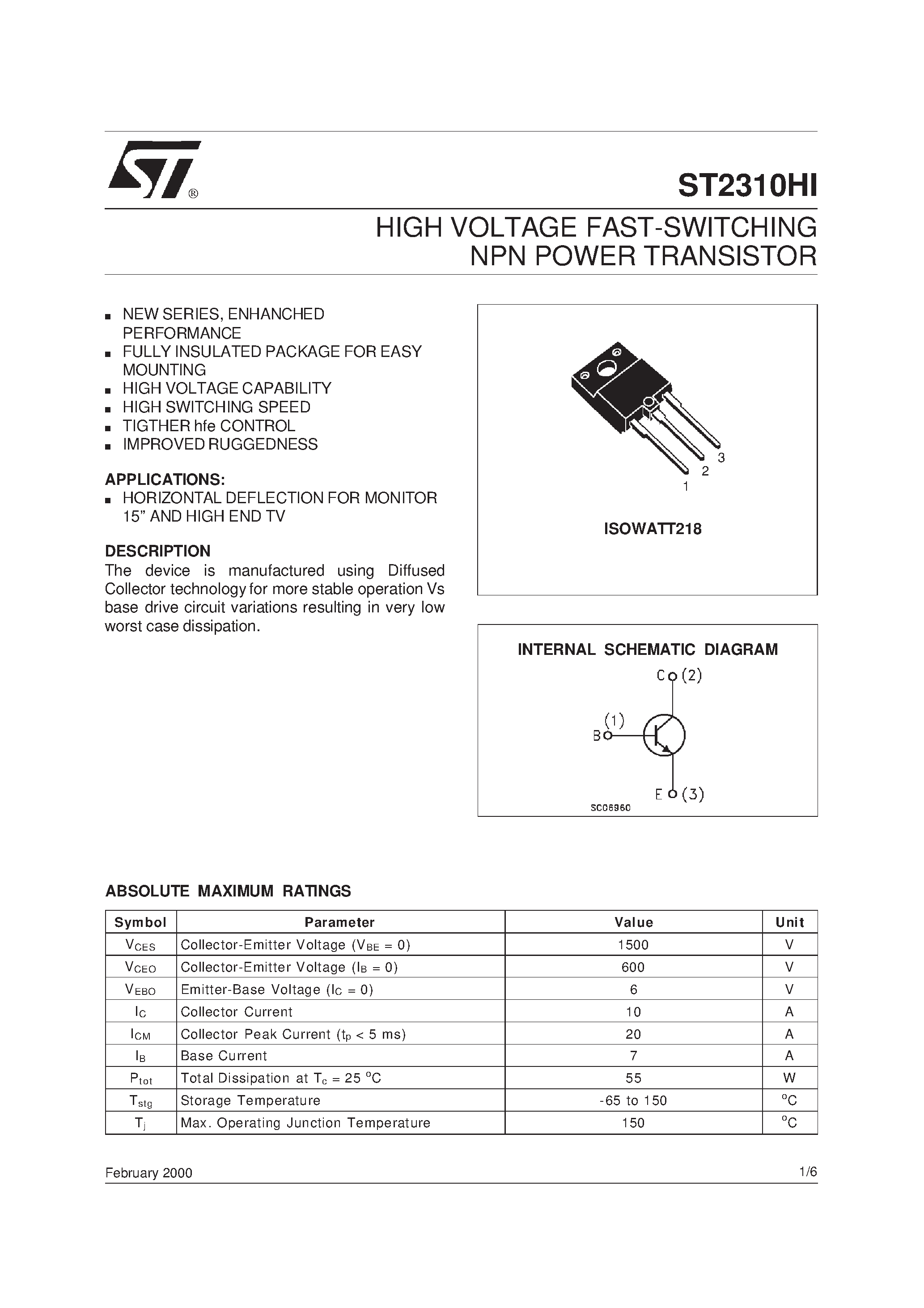 Даташит ST2310HI - HIGH VOLTAGE FAST-SWITCHING NPN POWER TRANSISTOR страница 1