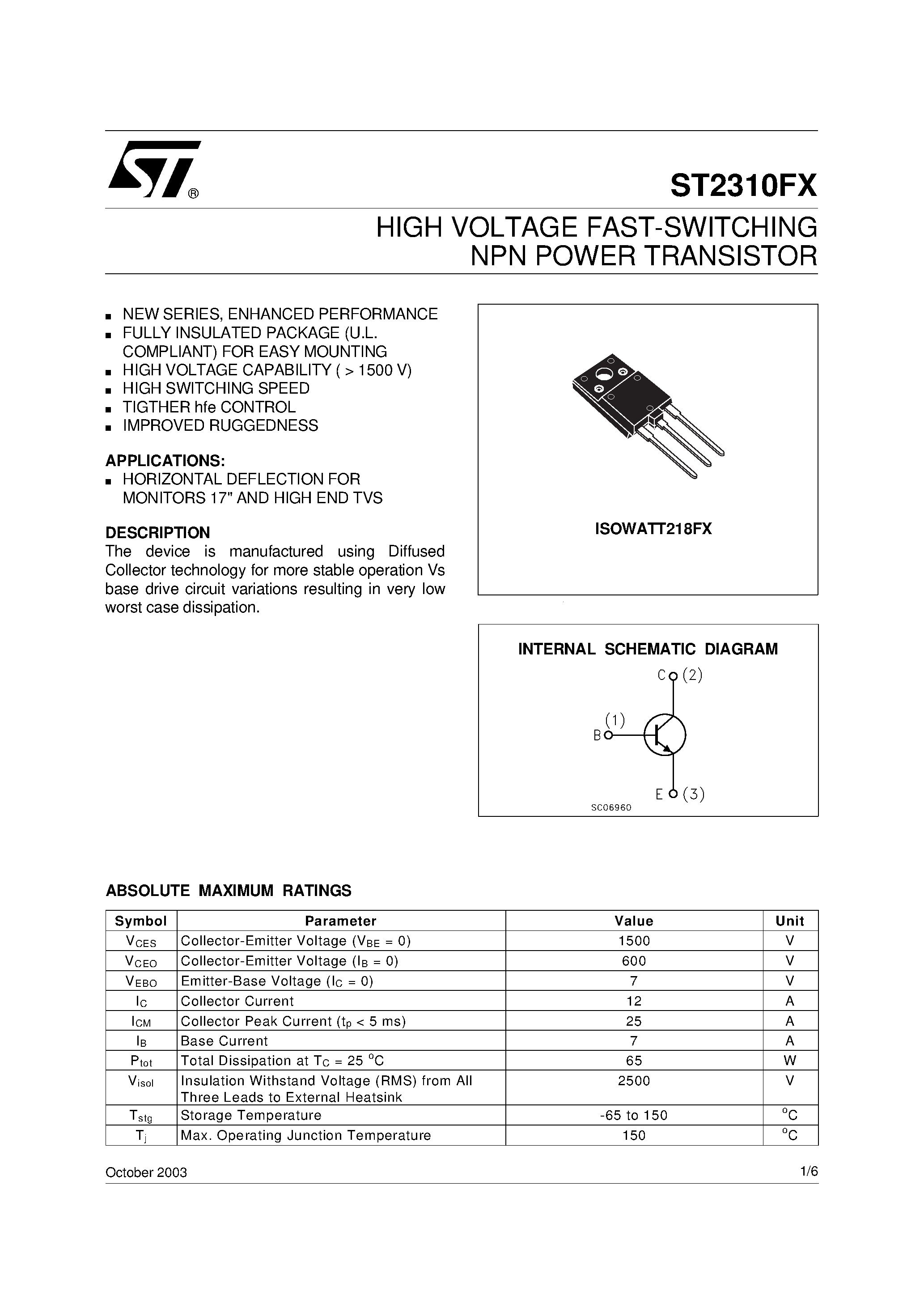 Даташит ST2310FX - HIGH VOLTAGE FAST-SWITCHING NPN POWER TRANSISTOR страница 1