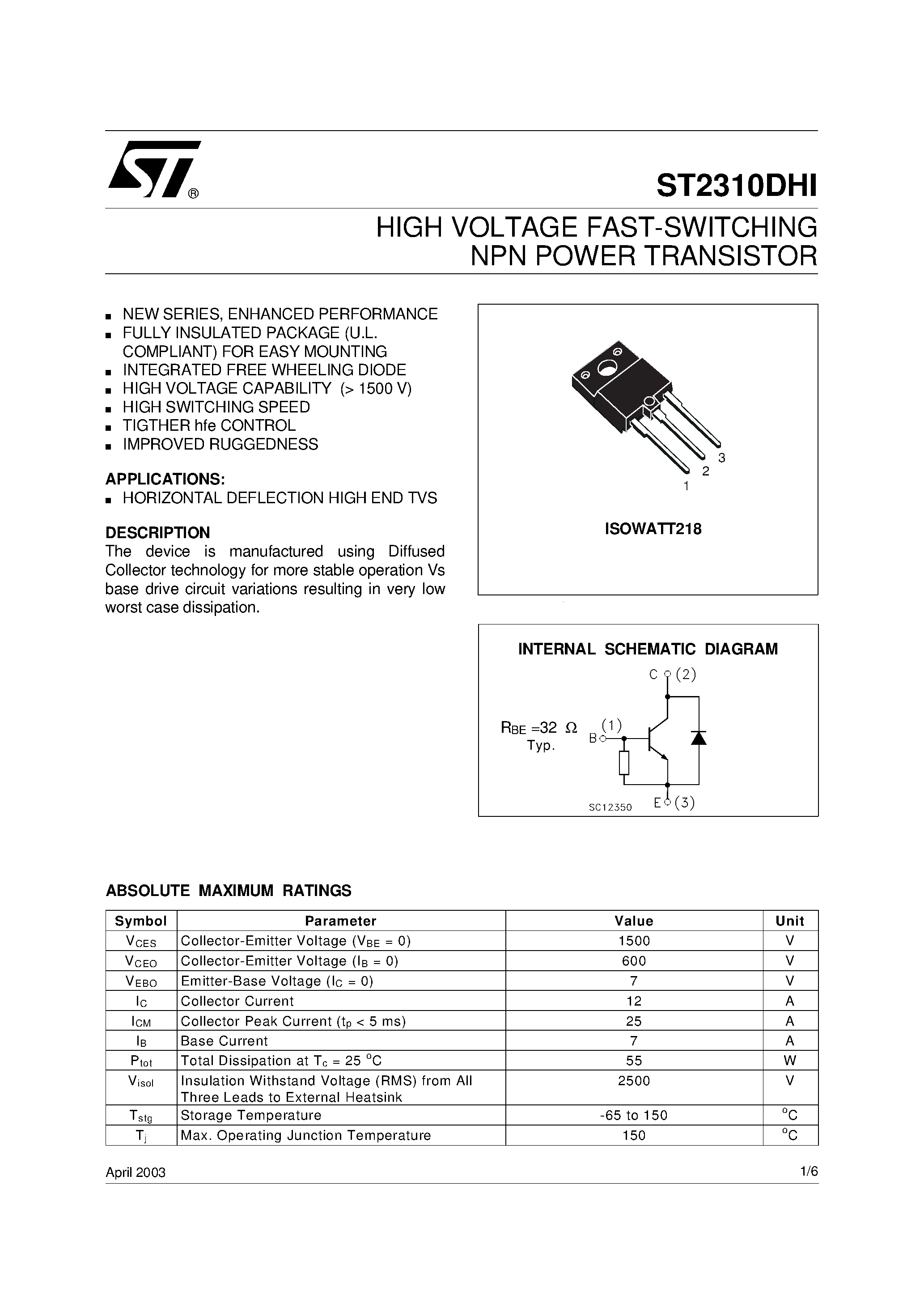 Даташит ST2310DHI - HIGH VOLTAGE FAST-SWITCHING NPN POWER TRANSISTOR страница 1