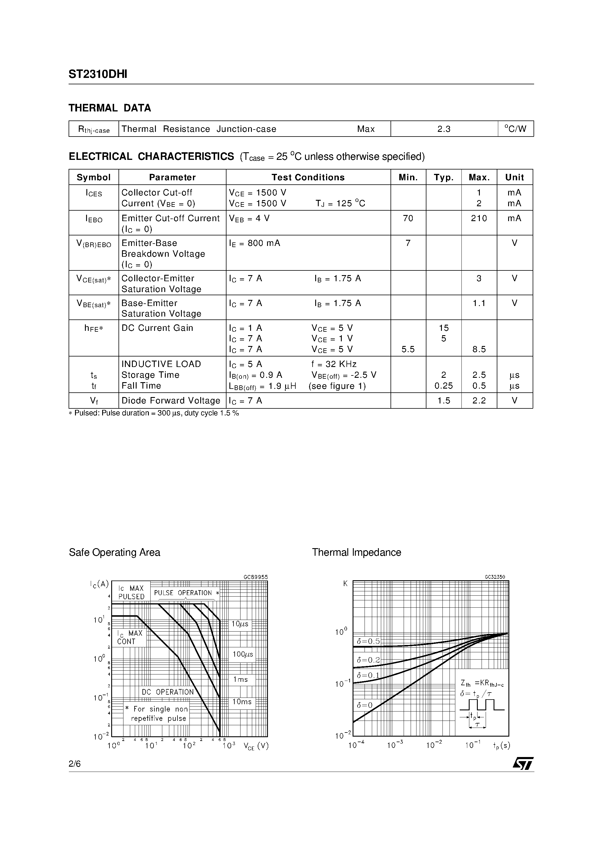 Даташит ST2310DHI - HIGH VOLTAGE FAST-SWITCHING NPN POWER TRANSISTOR страница 2