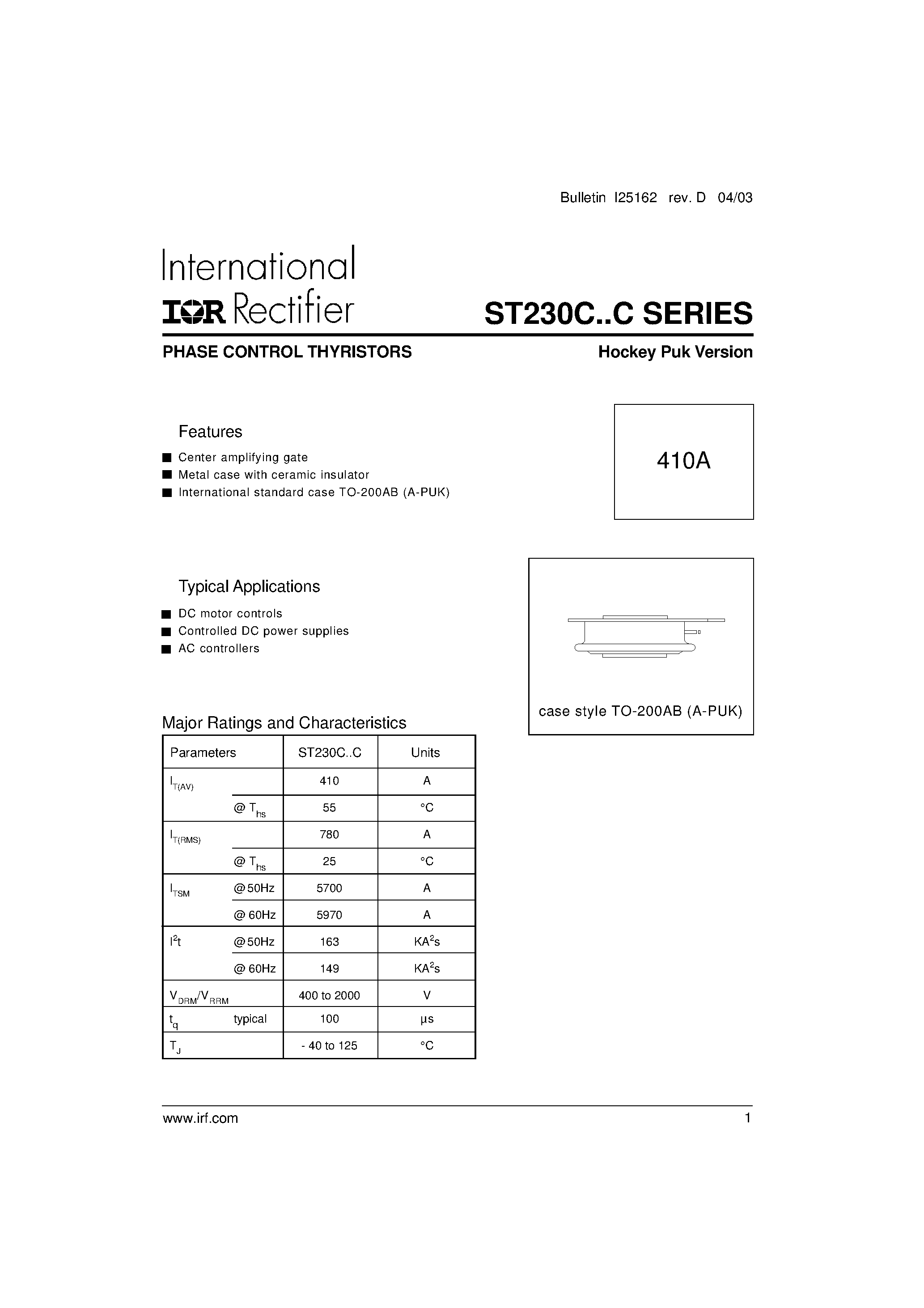 Даташит ST230C - PHASE CONTROL THYRISTORS Hockey Puk Version страница 1