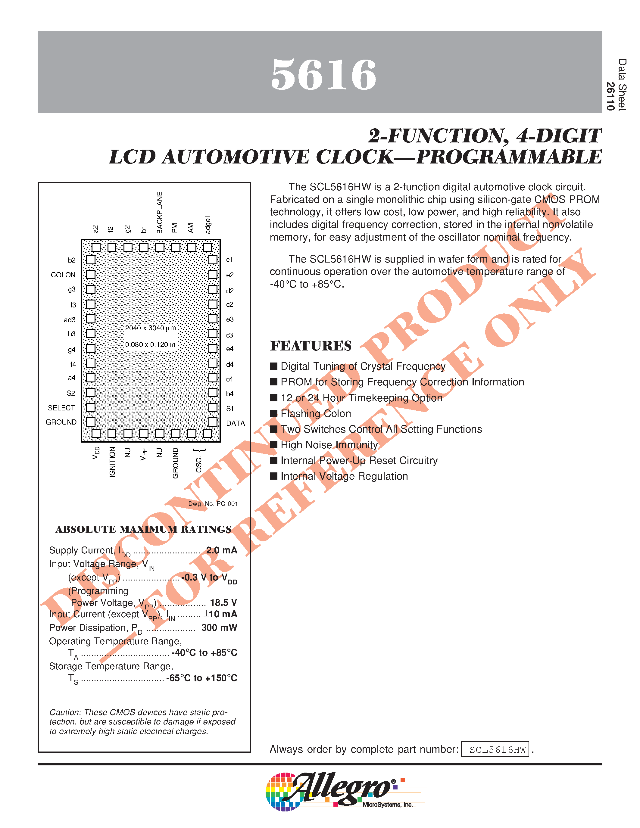 Даташит SCL5616 - 2-FUNCTION / 4-DIGIT LCD AUTOMOTIVE CLOCK PROGRAMMABLE страница 1