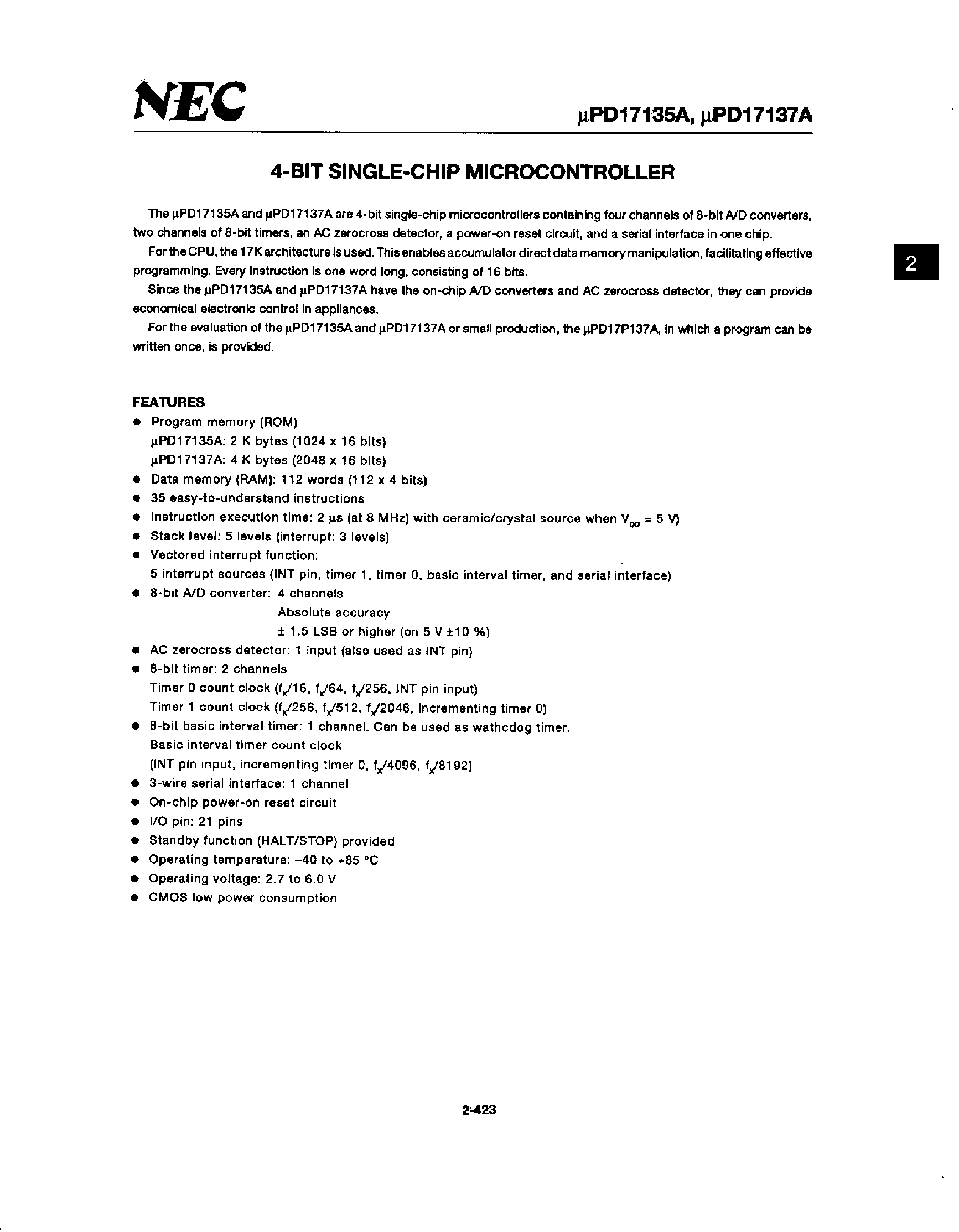 Datasheet UPD17135A - (UPD17137A) 4 Bit Microcontroller page 1