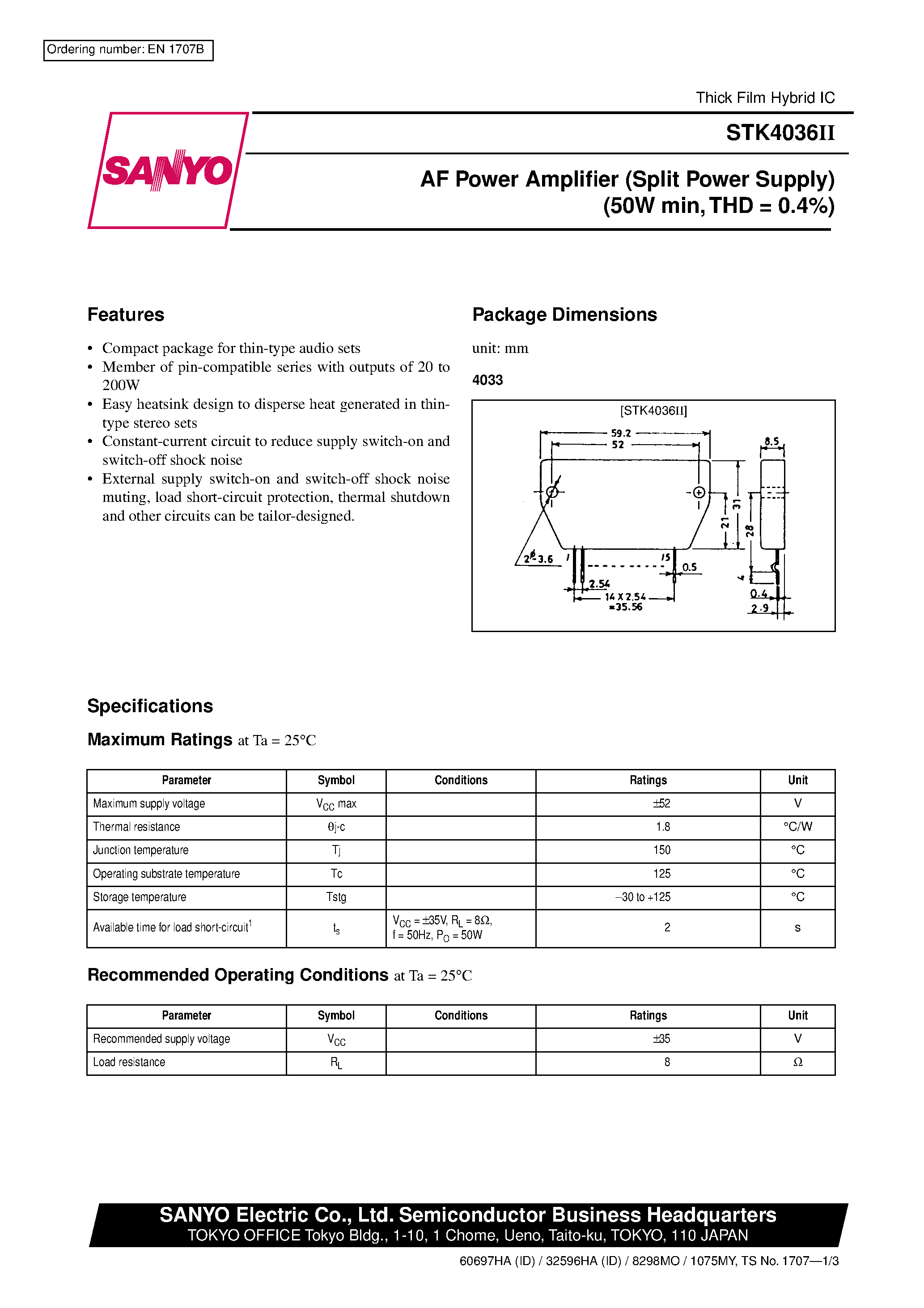 Datasheet STK4036II - AF Power Amplifier page 1