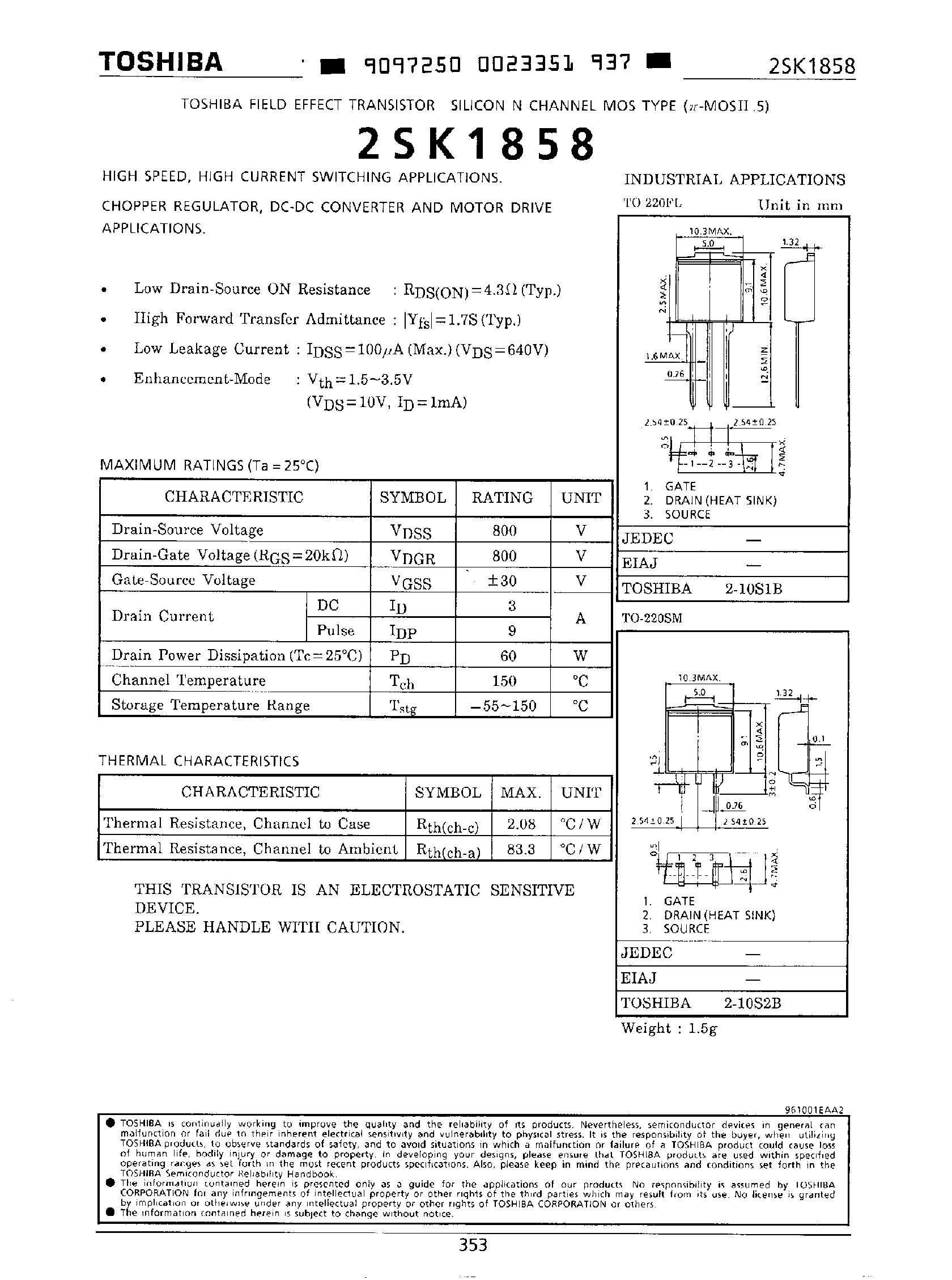 Datasheet 2SK1858 - Silicon N Channel MOS Type page 1