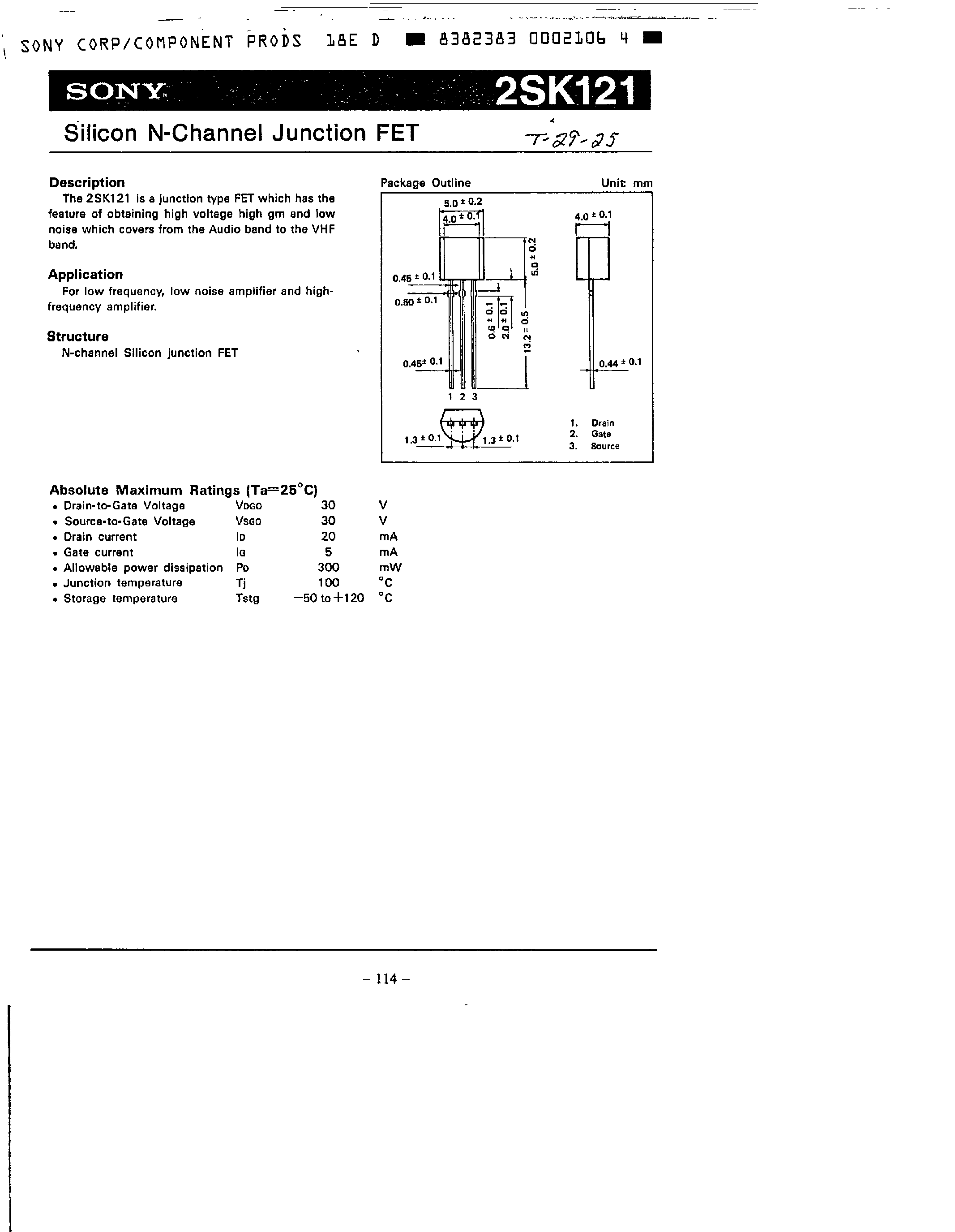 Datasheet 2SK121 - Silicon N Channel Junction FET page 1