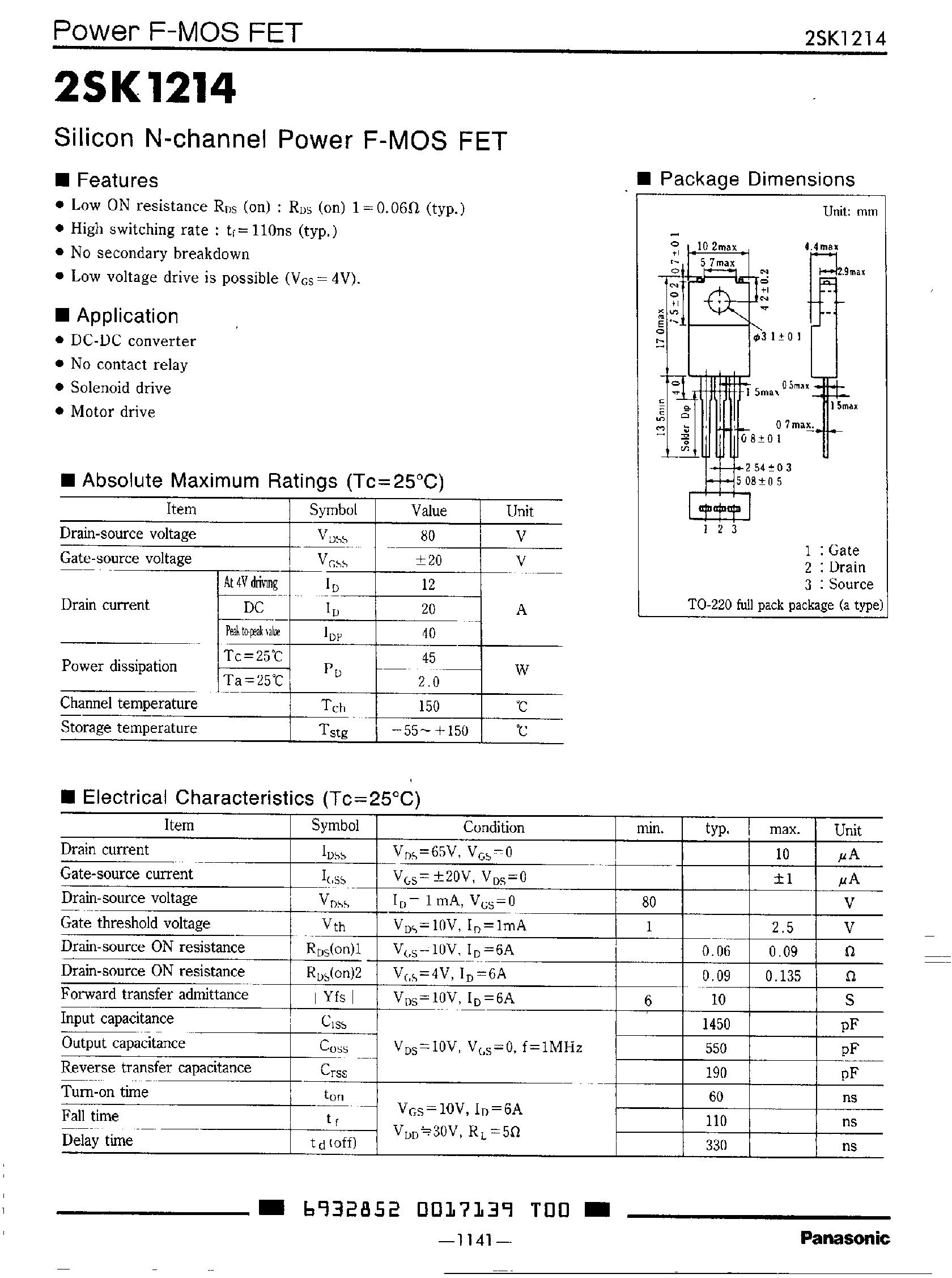 Datasheet 2SK1214 - N-CHANNEL SILICON POWER F-MOS FET page 1