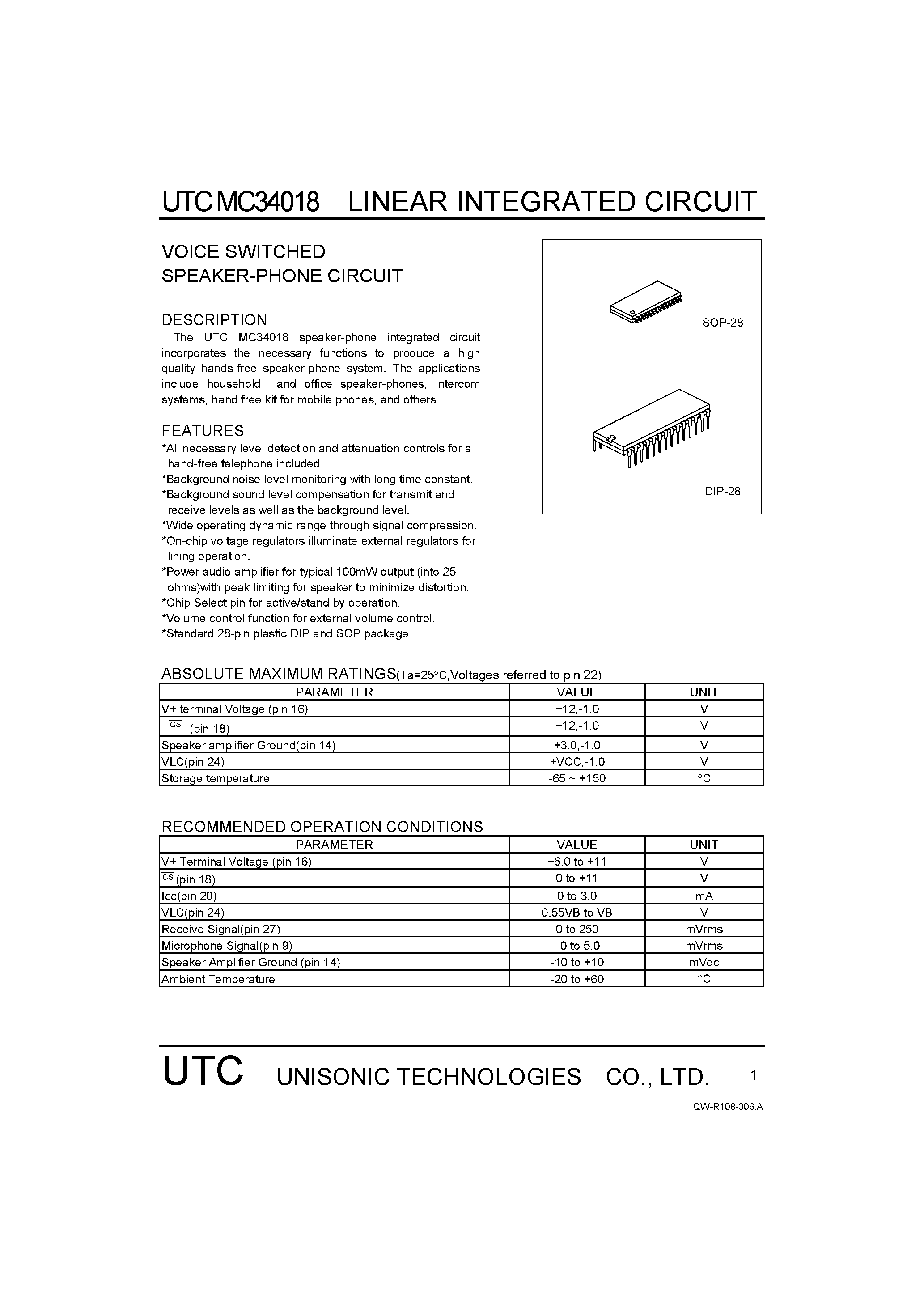 Datasheet MC34018 - VOICE SWITCHED SPEAKER-PHONE CIRCUIT page 1
