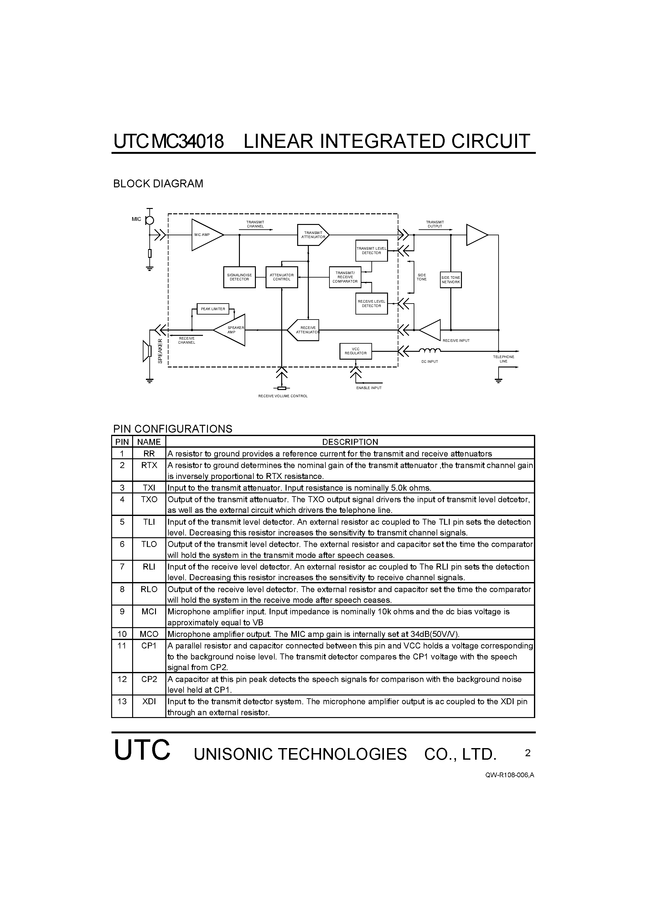 Datasheet MC34018 - VOICE SWITCHED SPEAKER-PHONE CIRCUIT page 2