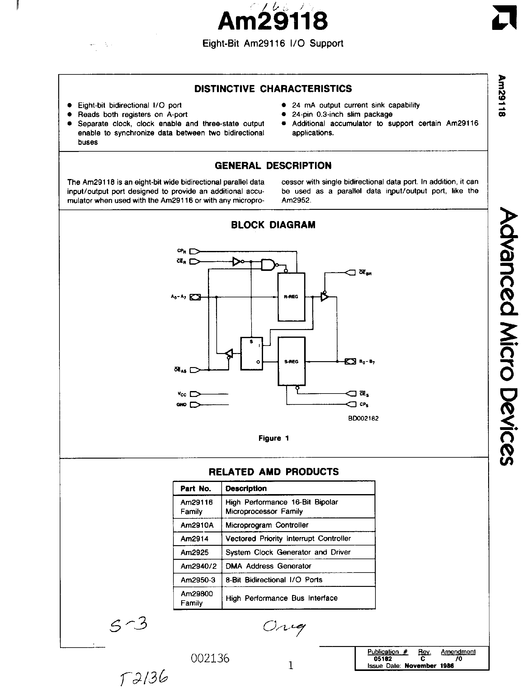 Datasheet AM29118 - 8 Bit AM29116 I/O Support page 1