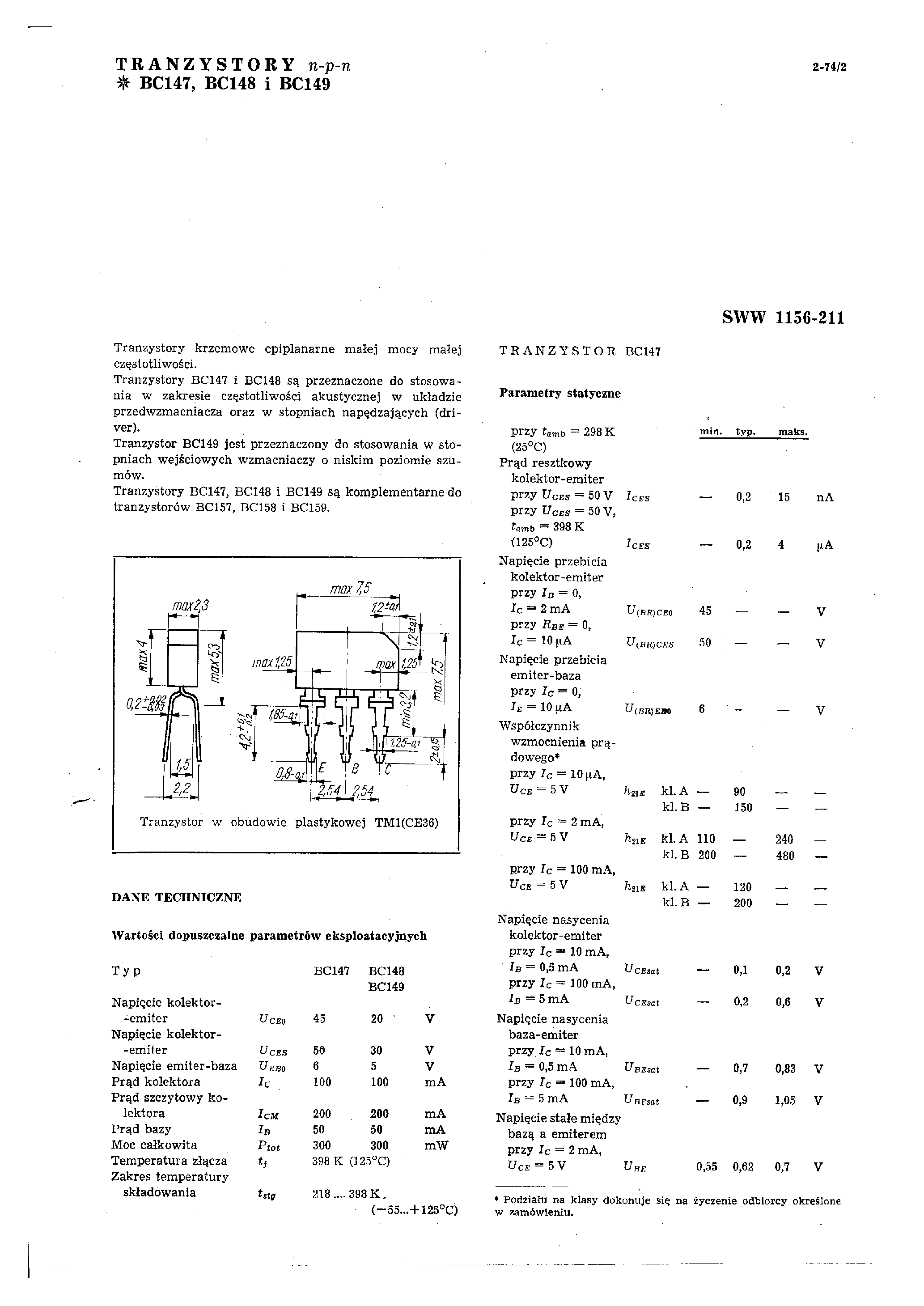 Datasheet BC148 - TRANZYSTORY NPN page 1