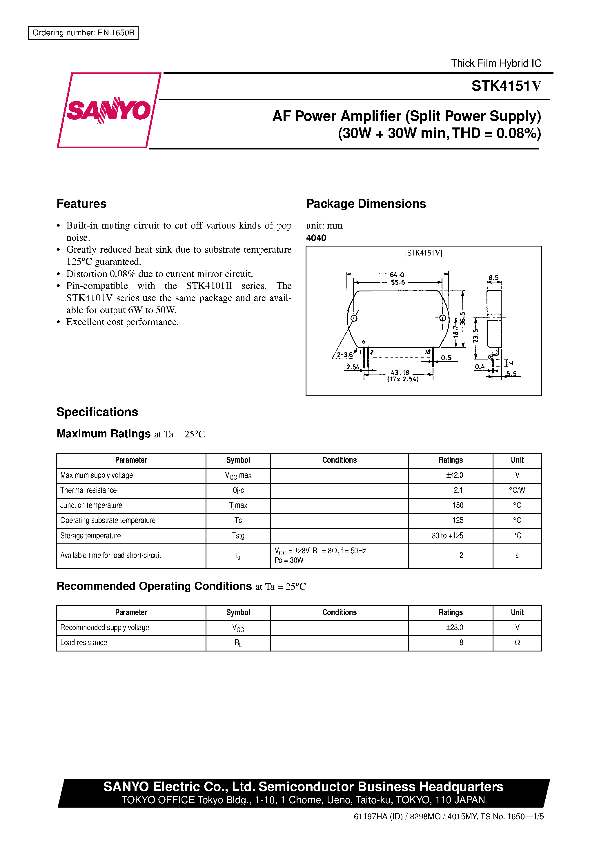 Datasheet STK4151V - AF Power Amplifier page 1