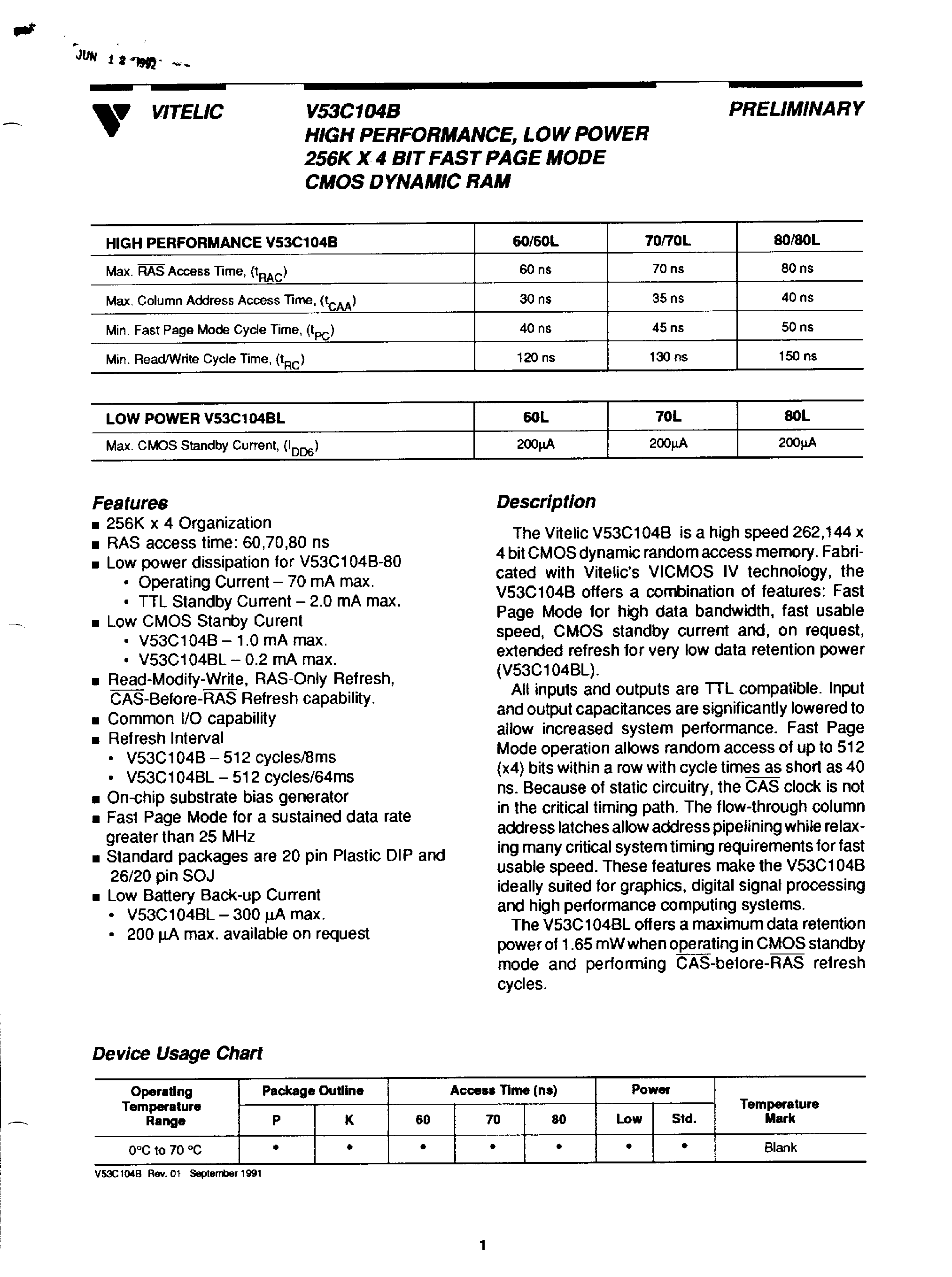 Datasheet V53C104B - High Performance / Low Power 256k x 4 Bit / Fast Page Mode CMOS DRAM page 1