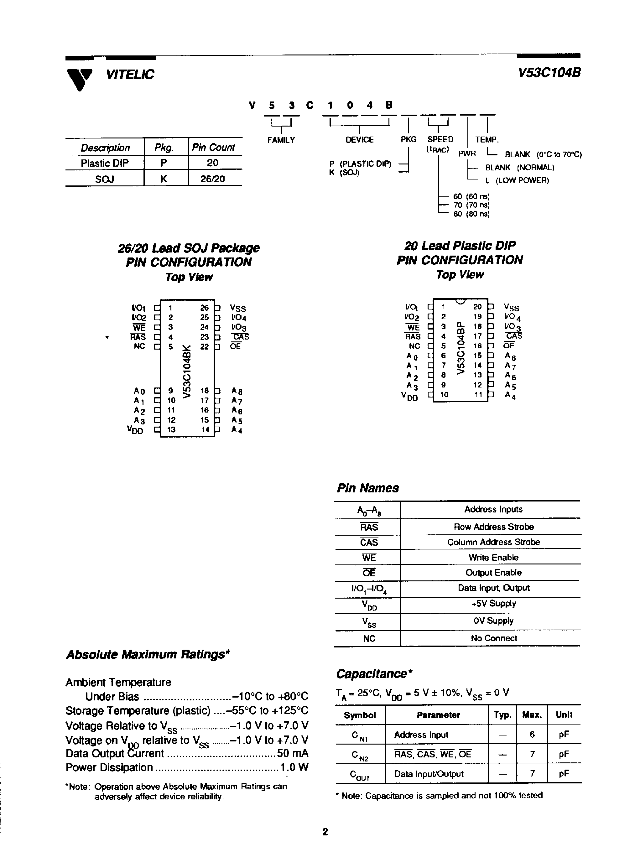 Datasheet V53C104B - High Performance / Low Power 256k x 4 Bit / Fast Page Mode CMOS DRAM page 2