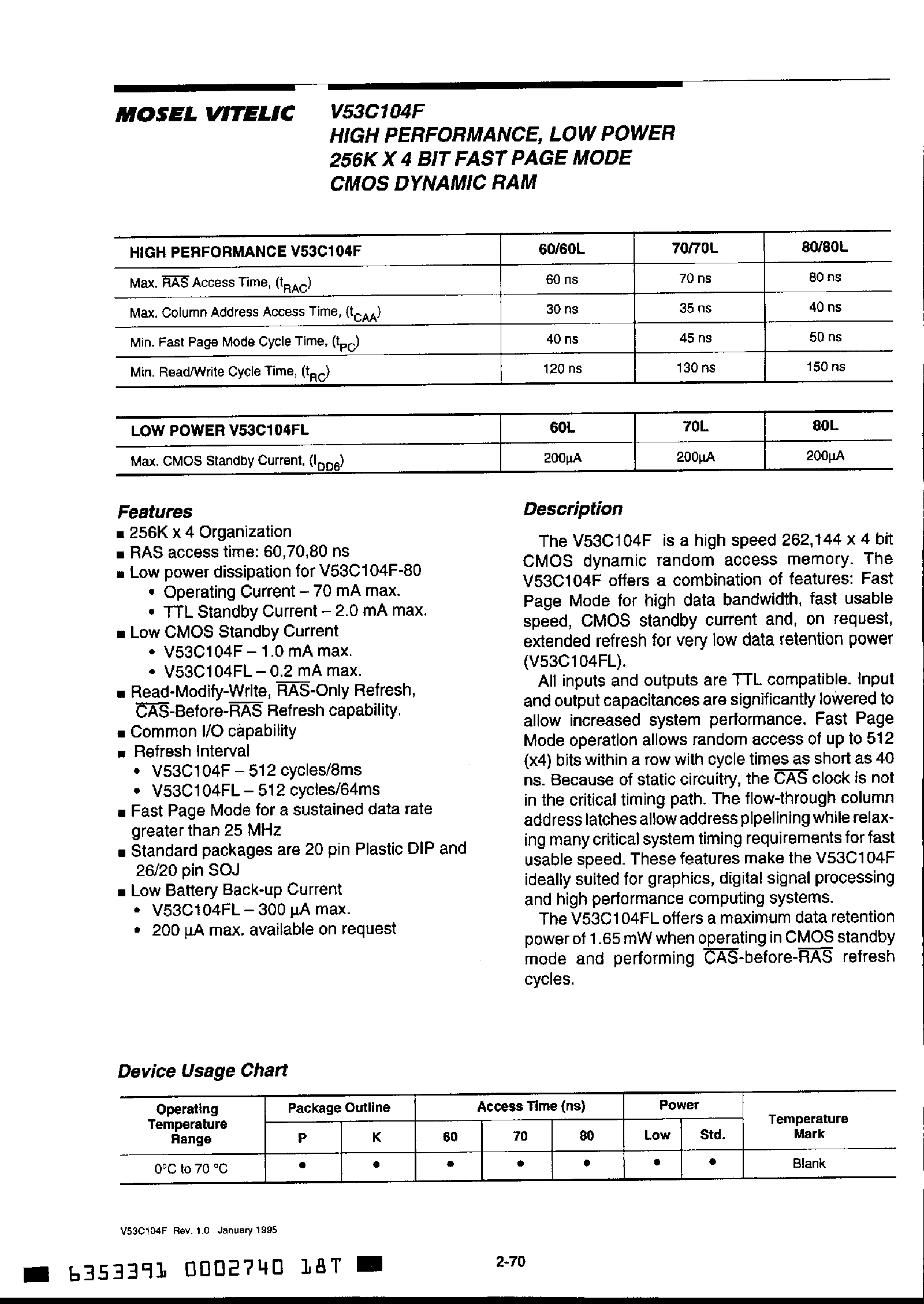 Datasheet V53C104F - High Performance / Low Power 256k x 4 Bit / Fast Page Mode CMOS DRAM page 1