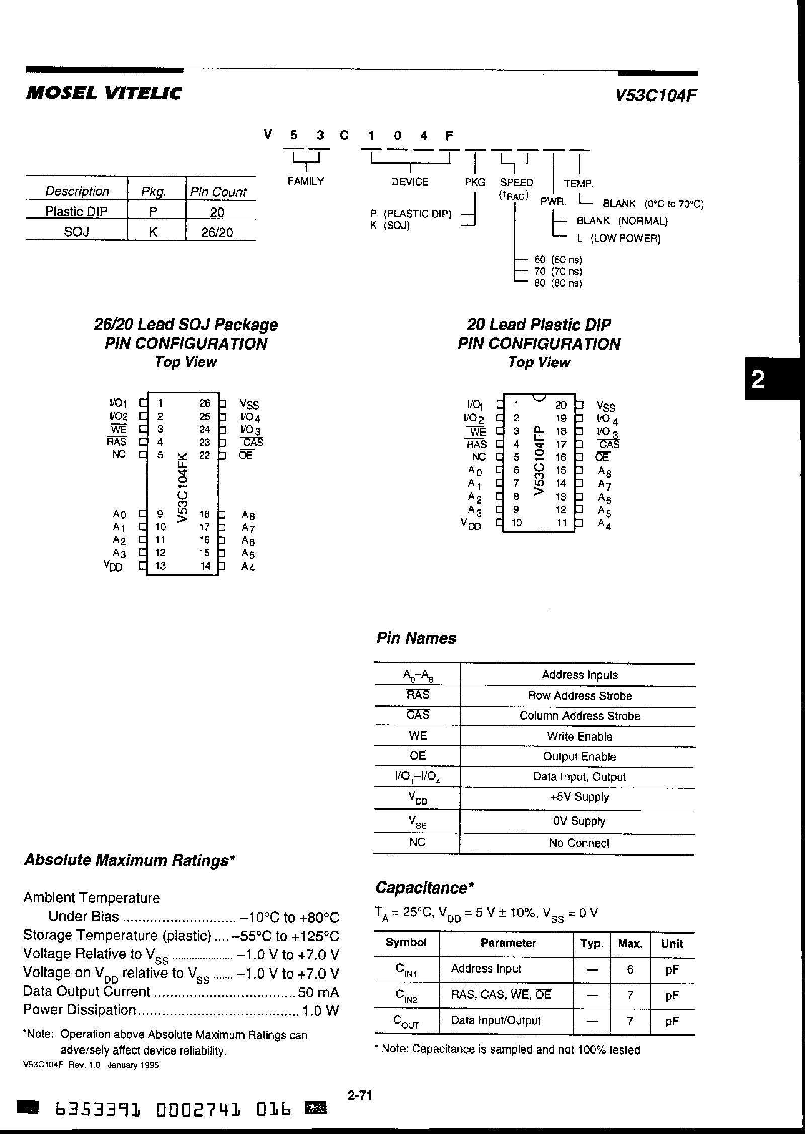 Datasheet V53C104F - High Performance / Low Power 256k x 4 Bit / Fast Page Mode CMOS DRAM page 2