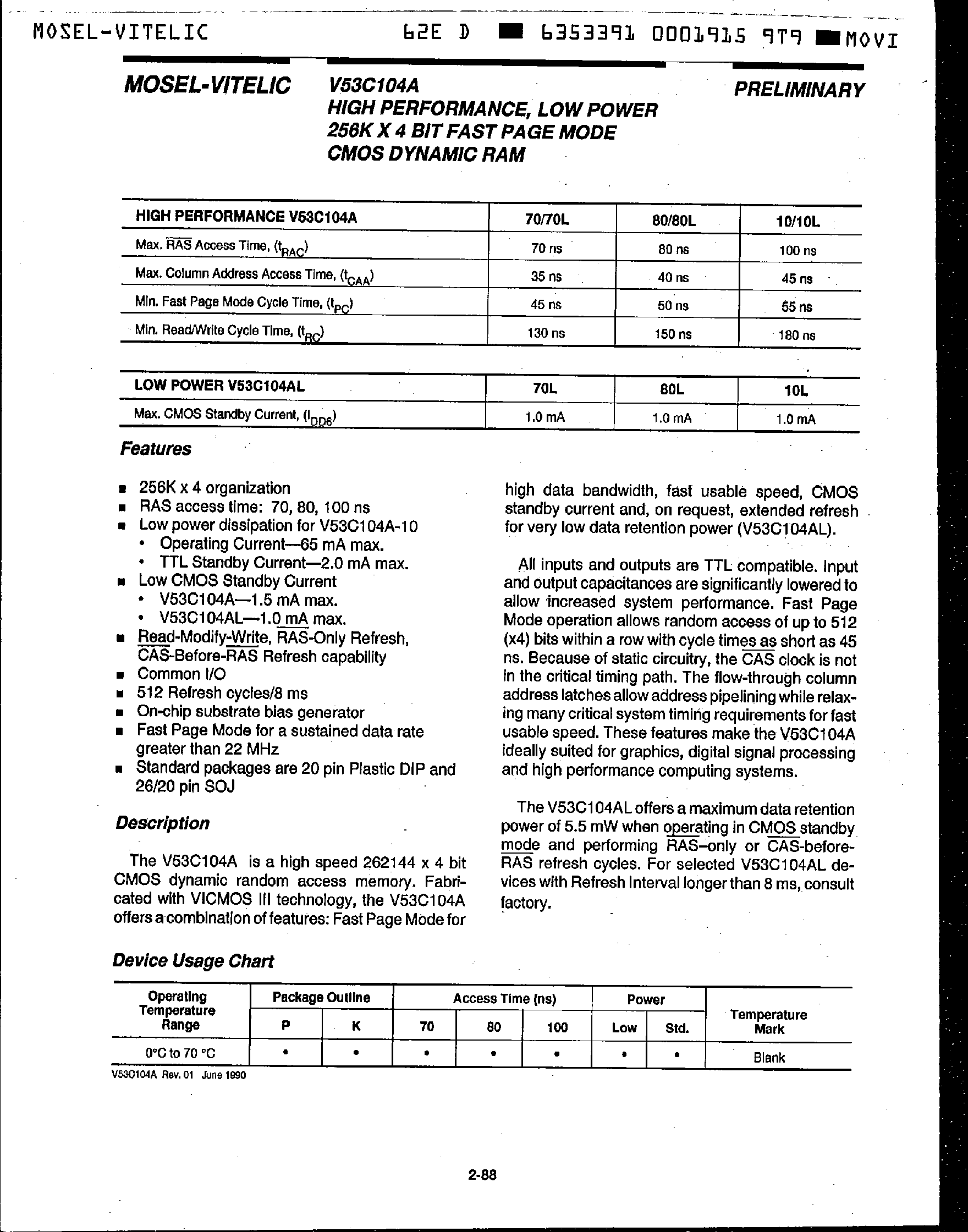 Datasheet V53C104A - High Performance / Low Power 256k x 4 Bit / Fast Page Mode CMOS DRAM page 1