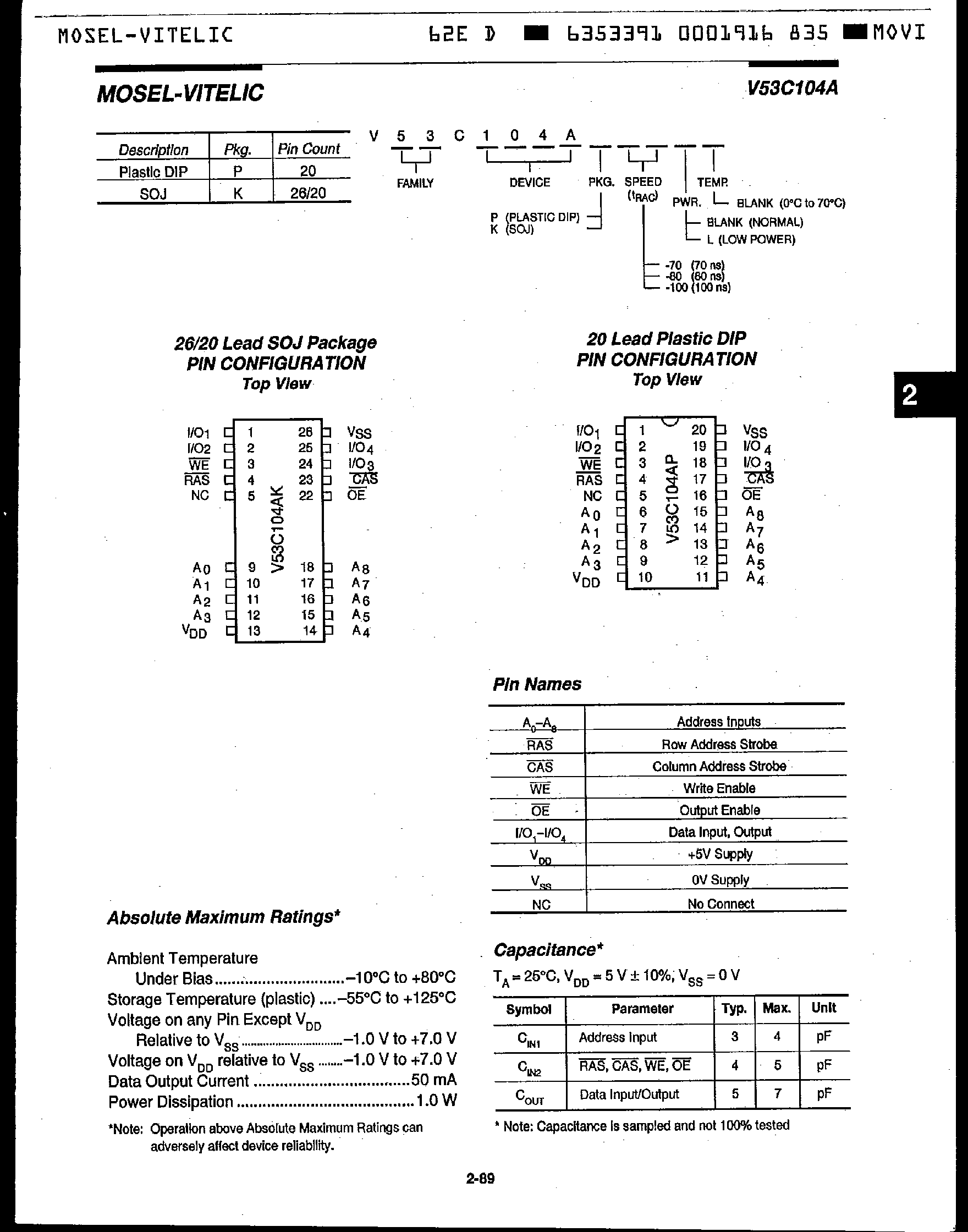 Datasheet V53C104A - High Performance / Low Power 256k x 4 Bit / Fast Page Mode CMOS DRAM page 2