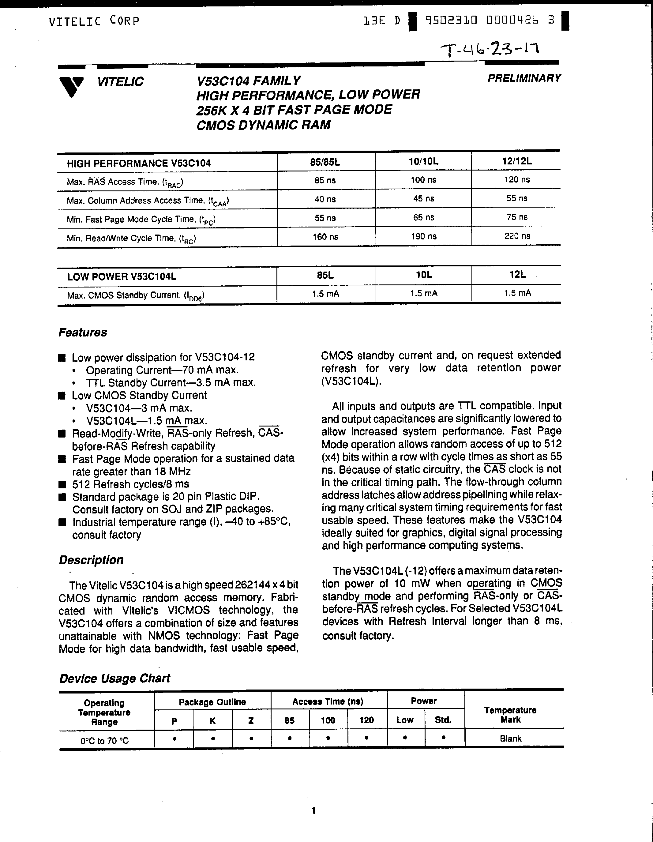 Datasheet V53C104 - High Performance / Low Power 256k x 4 Bit / Fast Page Mode CMOS DRAM page 1