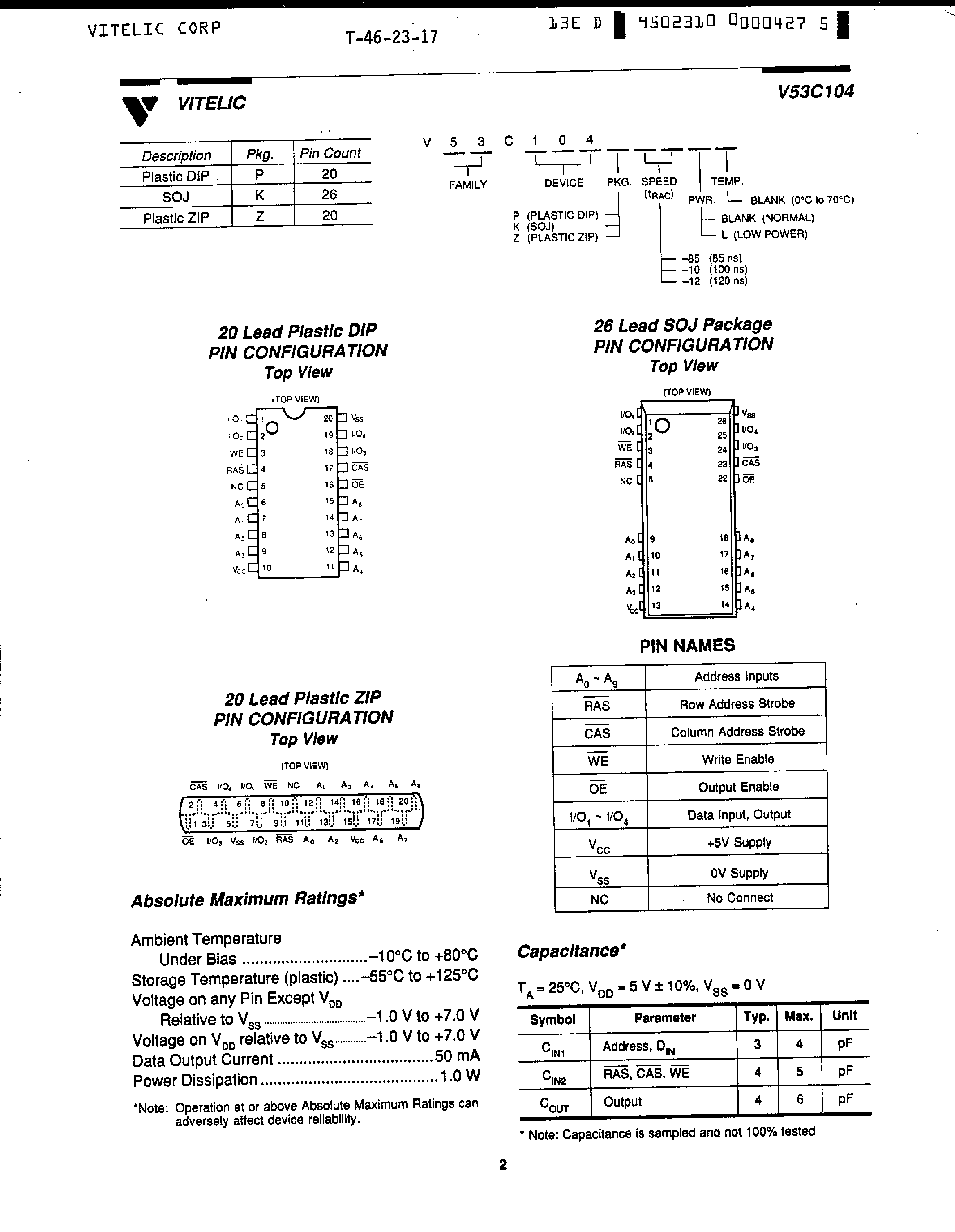 Datasheet V53C104 - High Performance / Low Power 256k x 4 Bit / Fast Page Mode CMOS DRAM page 2