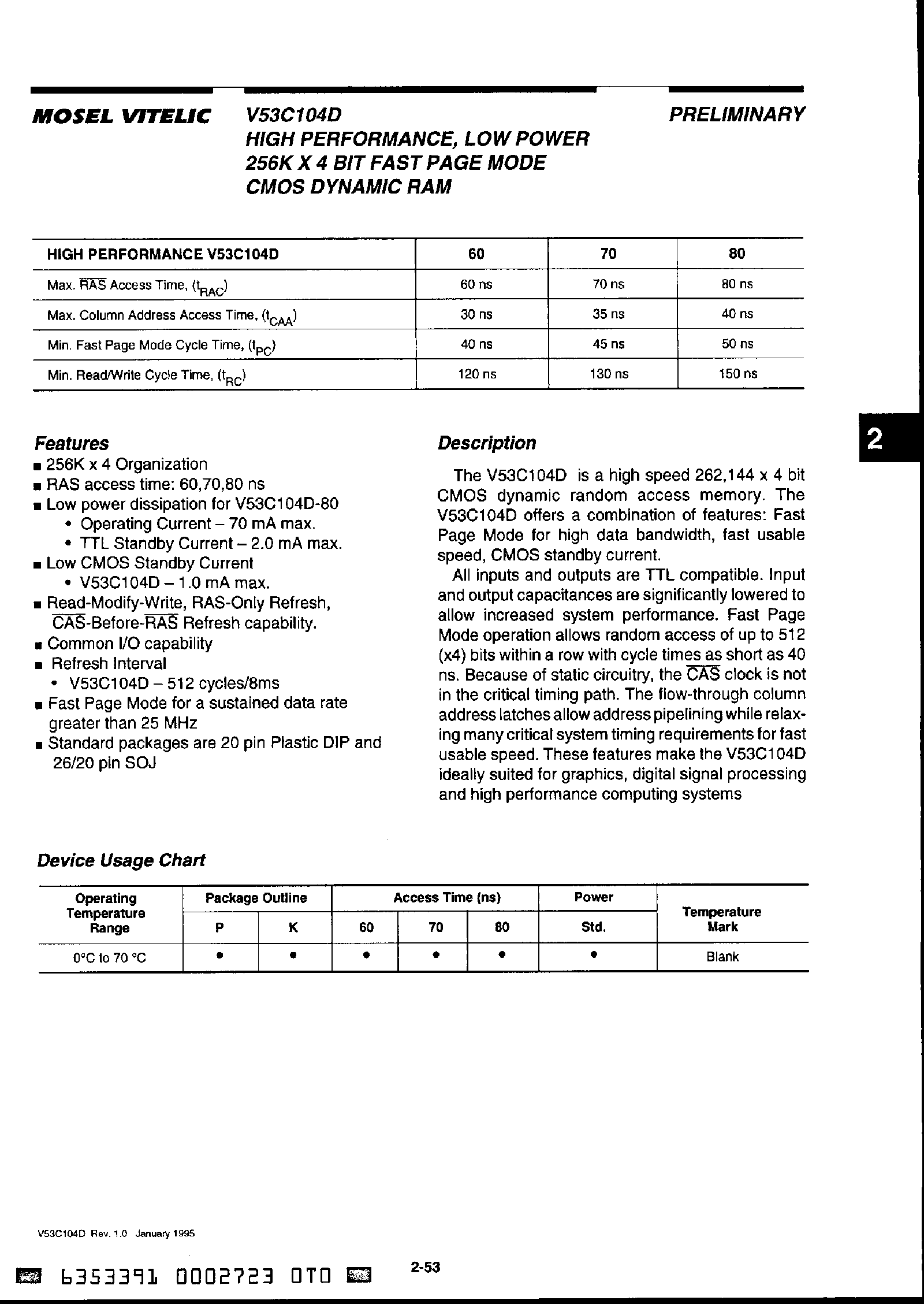 Datasheet V53C104D - High Performance / Low Power 256k x 4 Bit / Fast Page Mode CMOS DRAM page 1