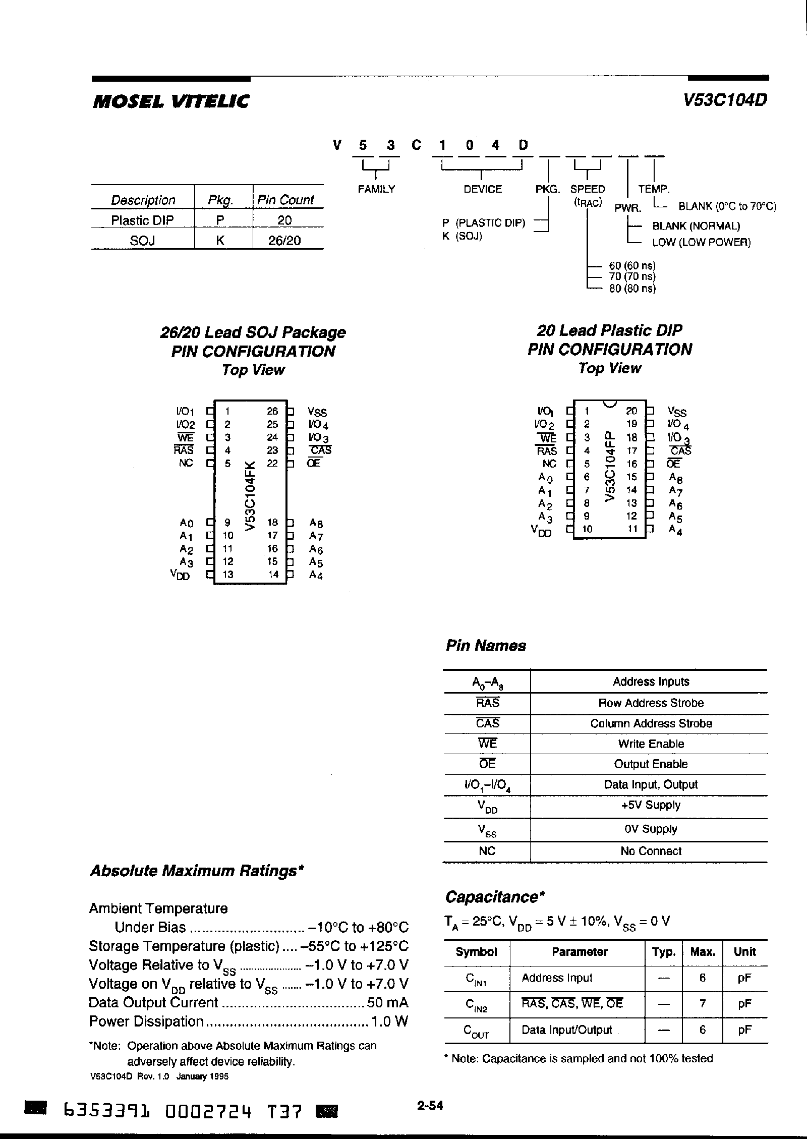 Datasheet V53C104D - High Performance / Low Power 256k x 4 Bit / Fast Page Mode CMOS DRAM page 2