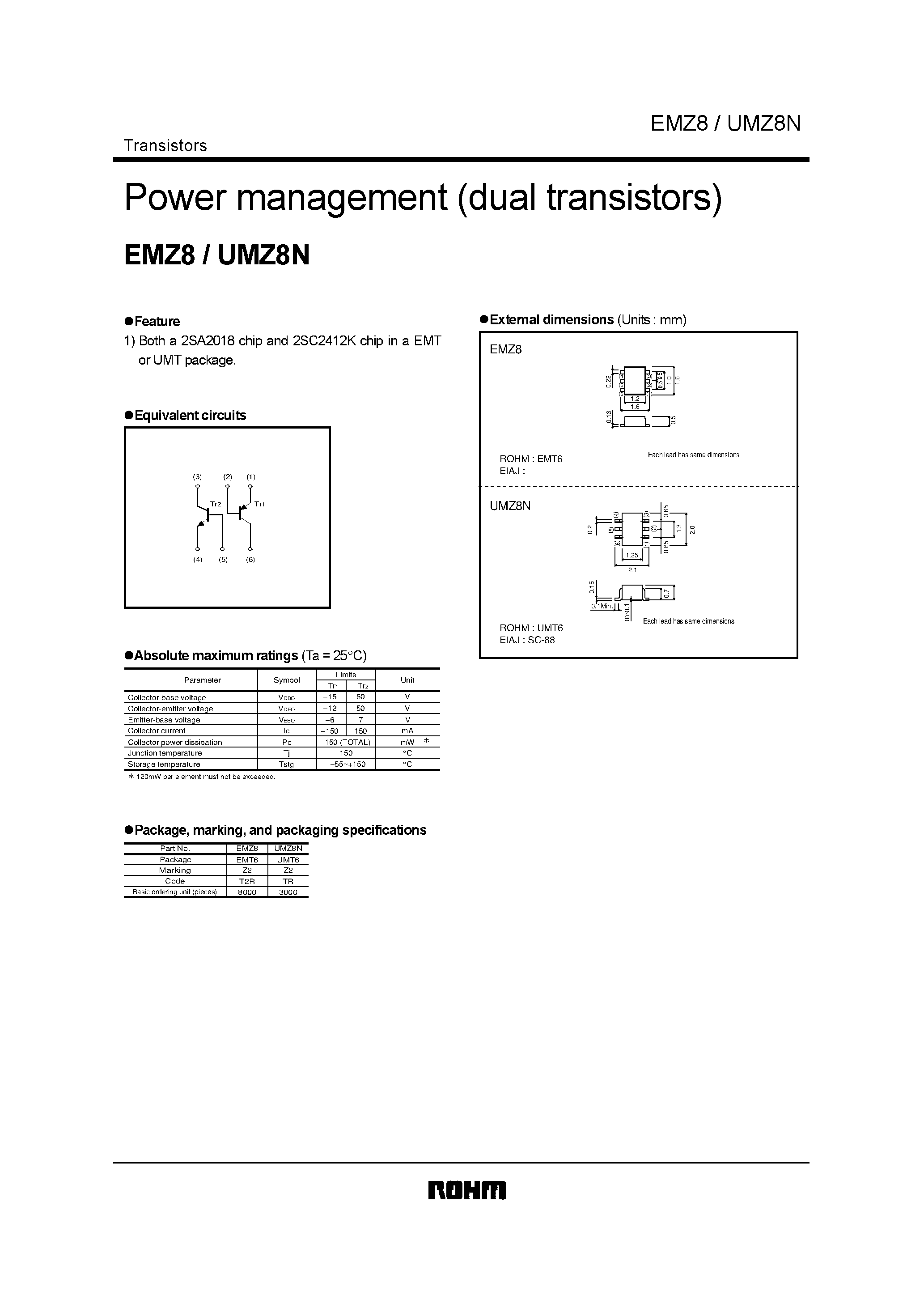 Даташит UMZ8N - Power management (dual transistors) страница 1