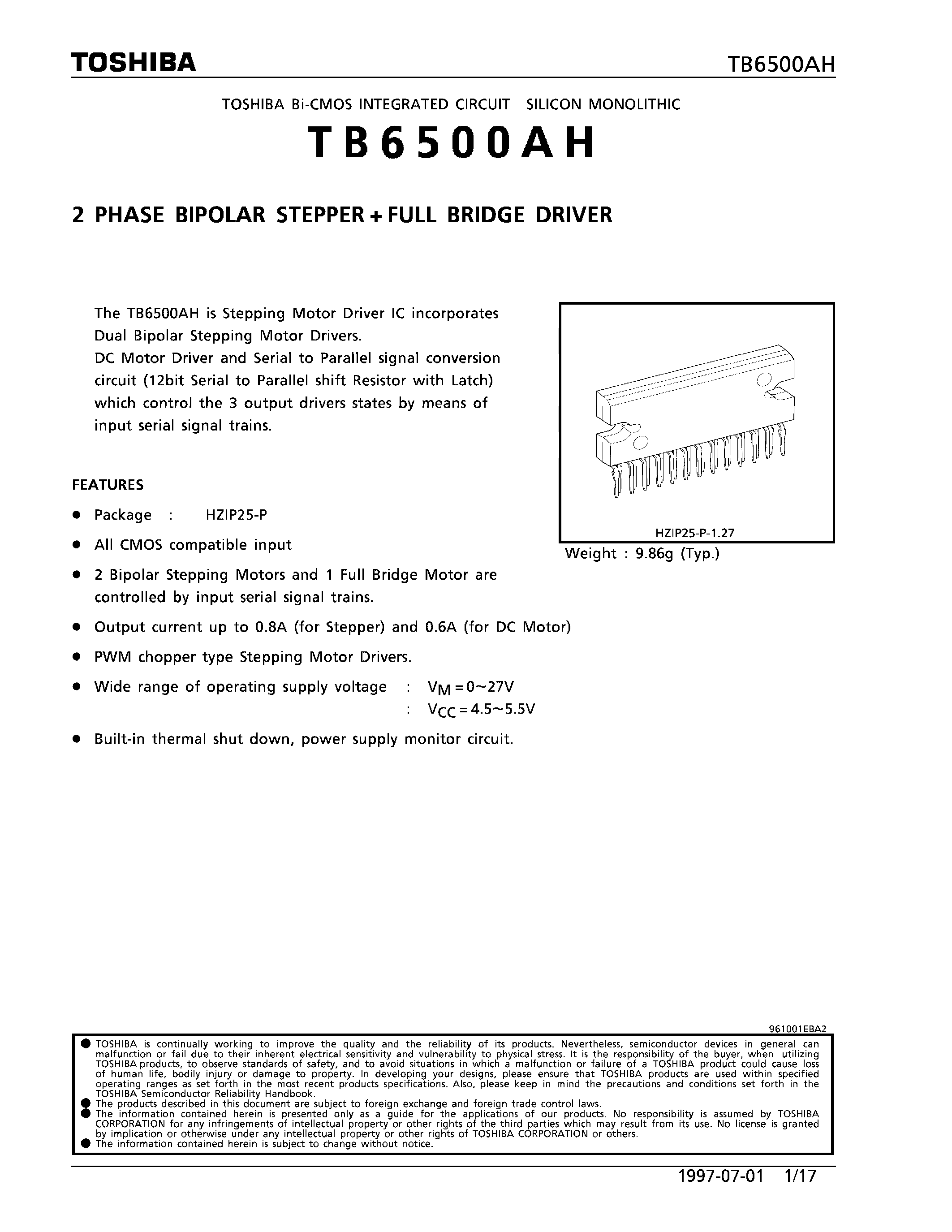 Даташит TB6500AH - 2 PHASE BIPOLAR STEPPER + FULL BRIDGE DRIVER страница 1