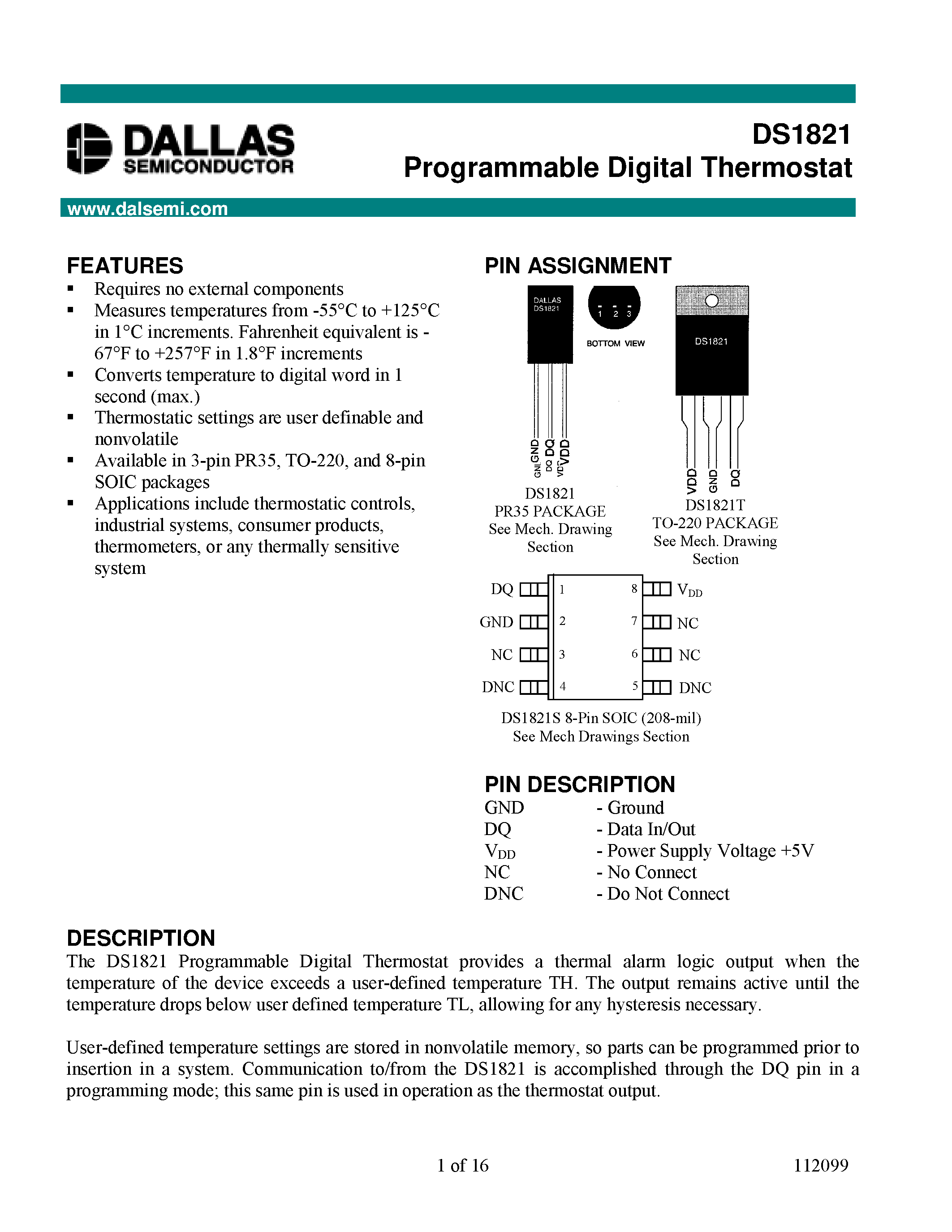 Ds description. Датчик температуры Dallas ds1821. Ds1821 датчик температуры даташит. Ds1821 термометр. Ds1821s программируемый термостат.