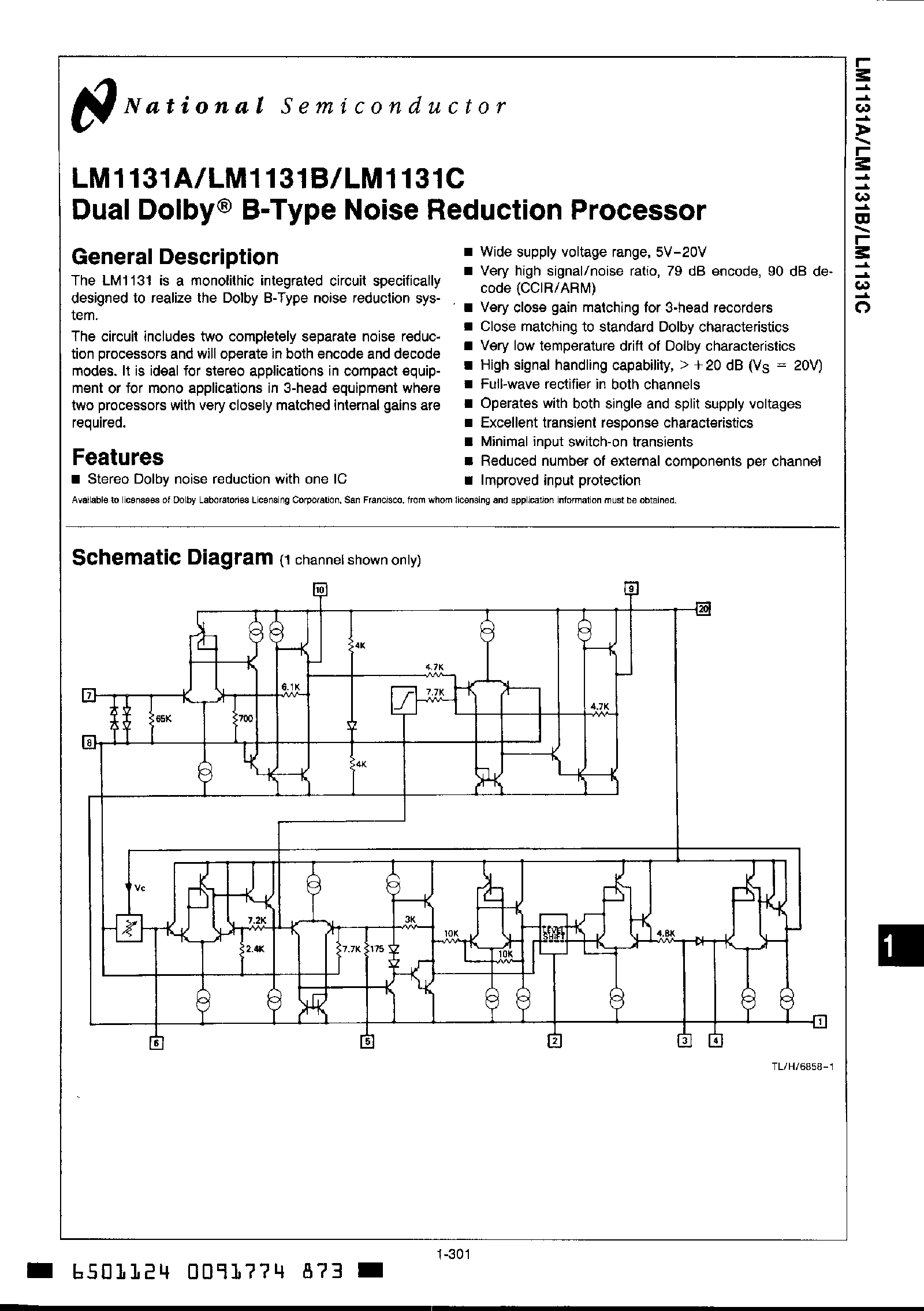 Datasheet LM1131 - Dual Dolby B Type Noise Reduction Processor page 1