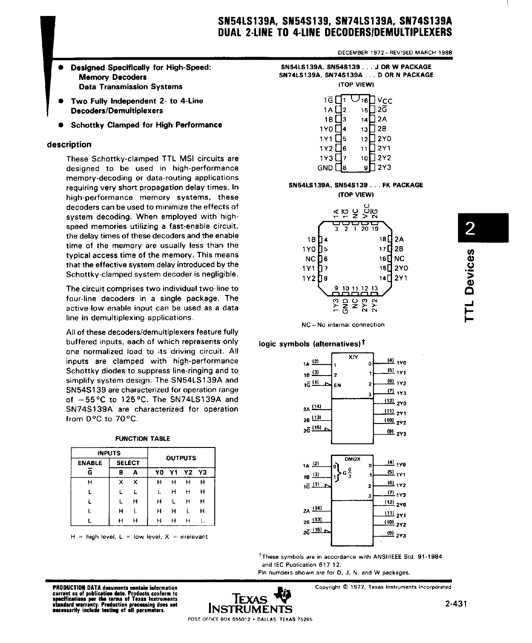 Даташит SNC54S139 - Dual 2 Line to 4 Line Decoders / Demultiplexers страница 1