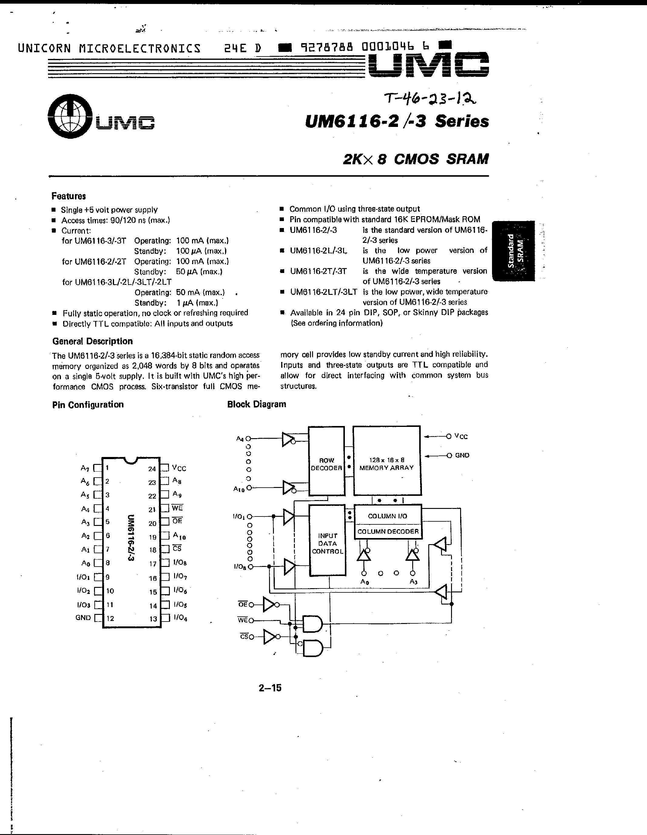 Даташит UM6116-2 - (UM6116-3) 2k x 8 CMOS SRAM страница 1