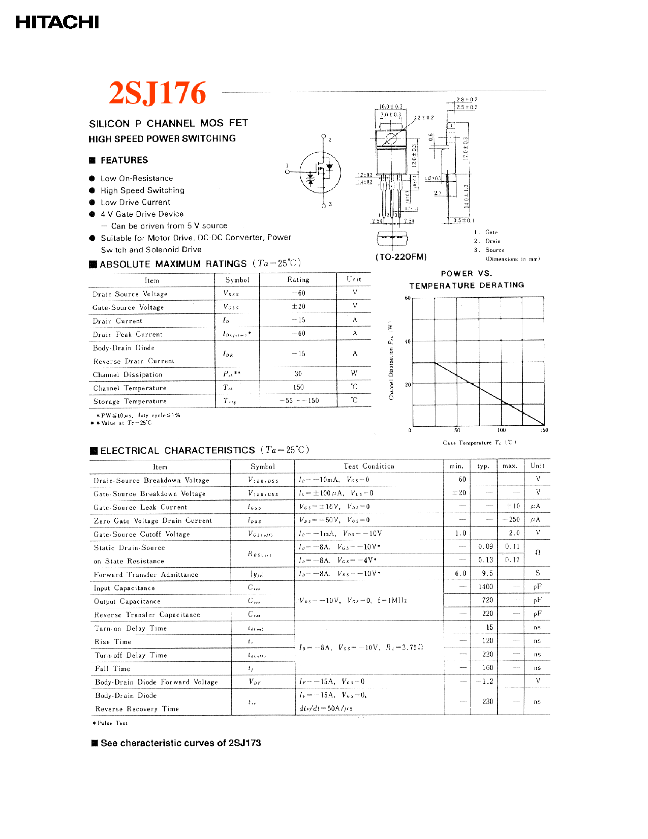 Datasheet 2SJ176 - SILICON P-CHANNEL MOS FET HIGH SPEED POWER SWITCHING page 1