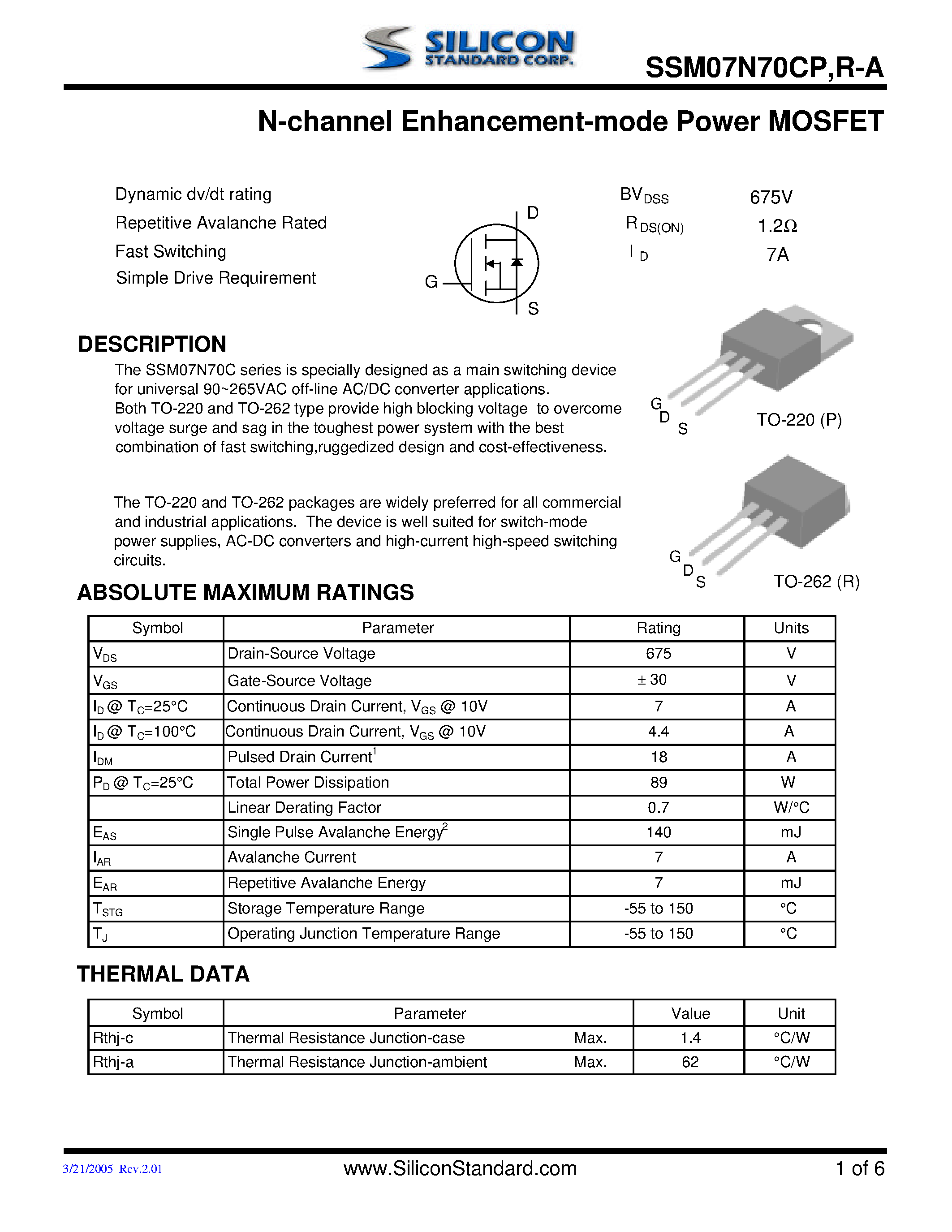 Даташит 07N70CP-A - N Channel Enhancement mode Power MOSFET страница 1