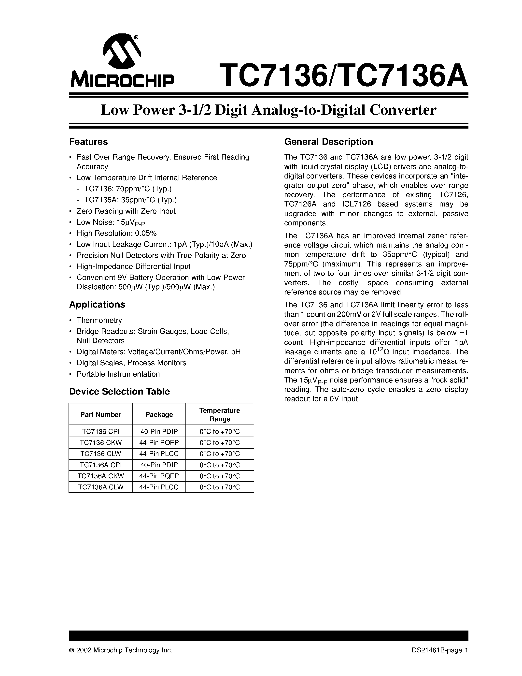 Даташит TC7136 - Low Power 3-1/2 Digit Analog-to-Digital Converter страница 1