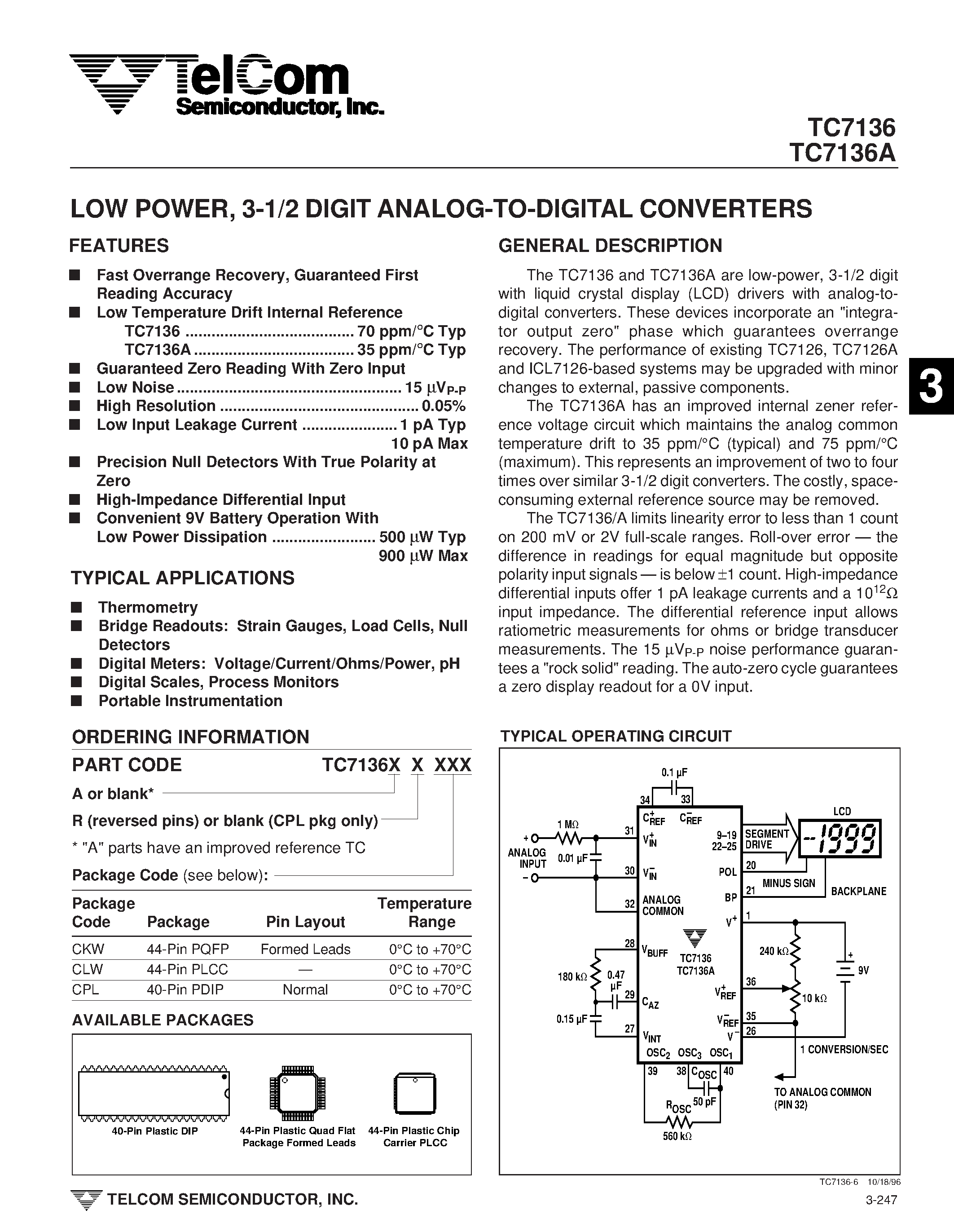 Даташит TC7136 - LOW POWER 3-1/2 DIGIT ANALOG-TO-DIGITAL CONVERTERS страница 1