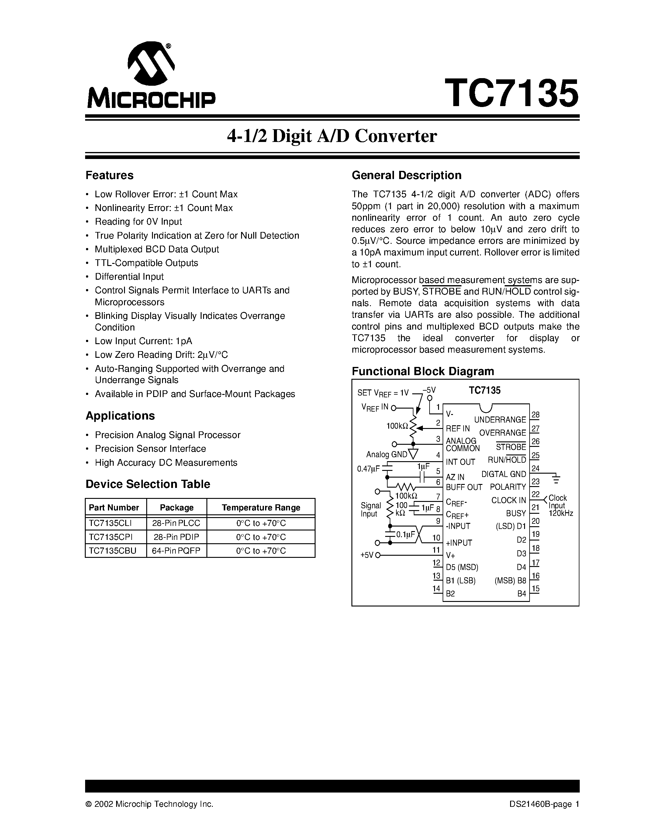 Даташит TC7135 - 4-1/2 Digit A/D Converter страница 1