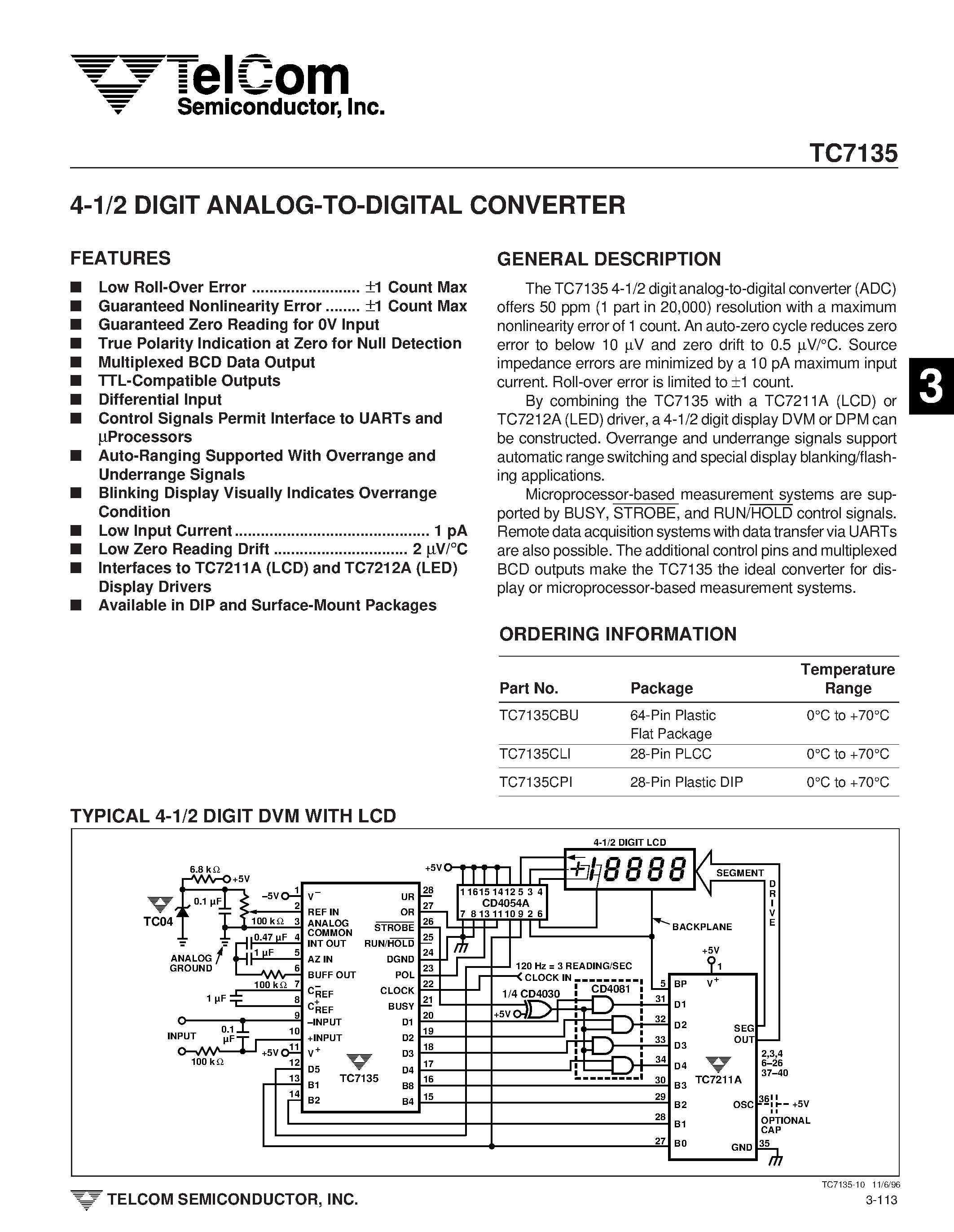 Даташит TC7135 - 4-1/2 DIGIT ANALOG-TO-DIGITAL CONVERTER страница 1