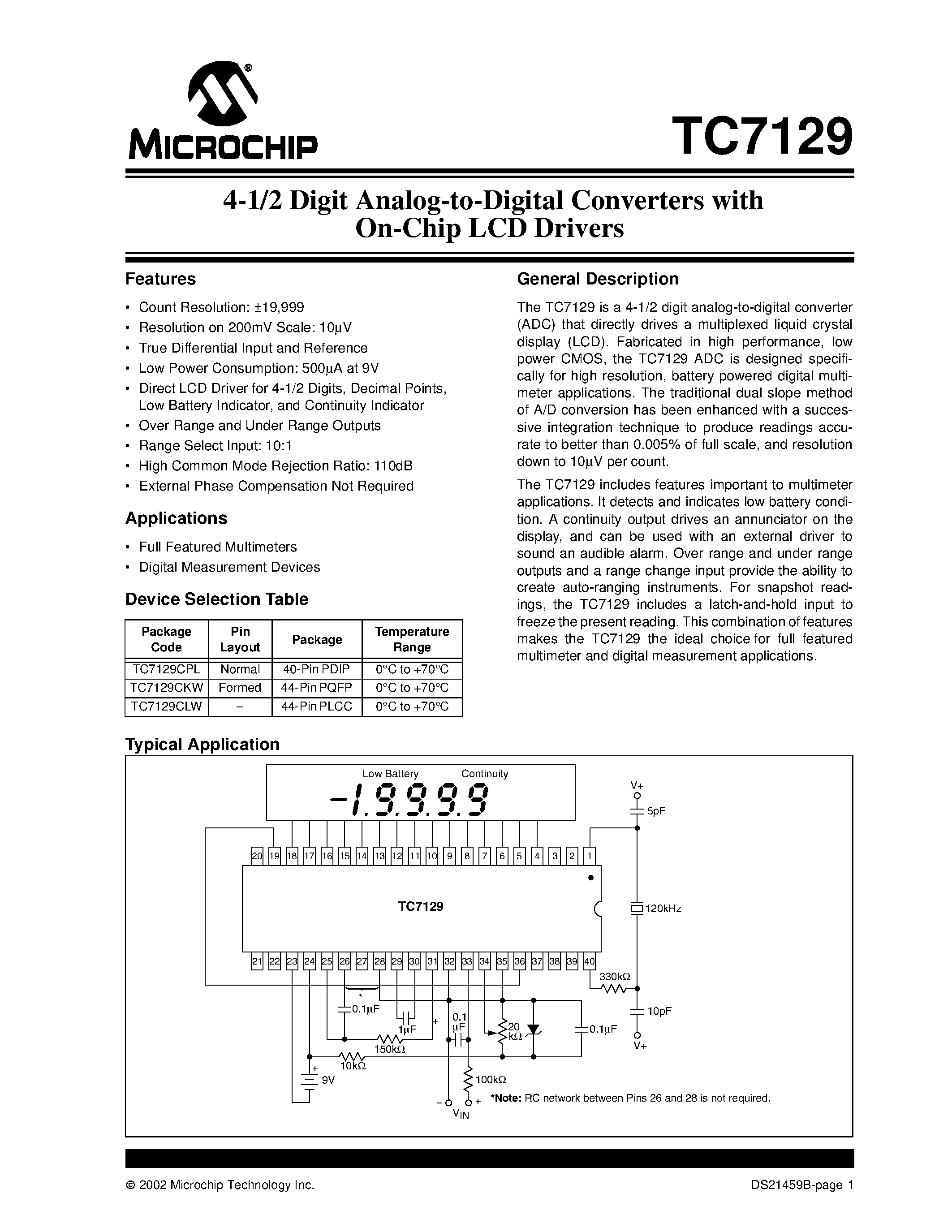 Даташит TC7129 - 4-1/2 Digit Analog-to-Digital Converters with On-Chip LCD Drivers страница 1