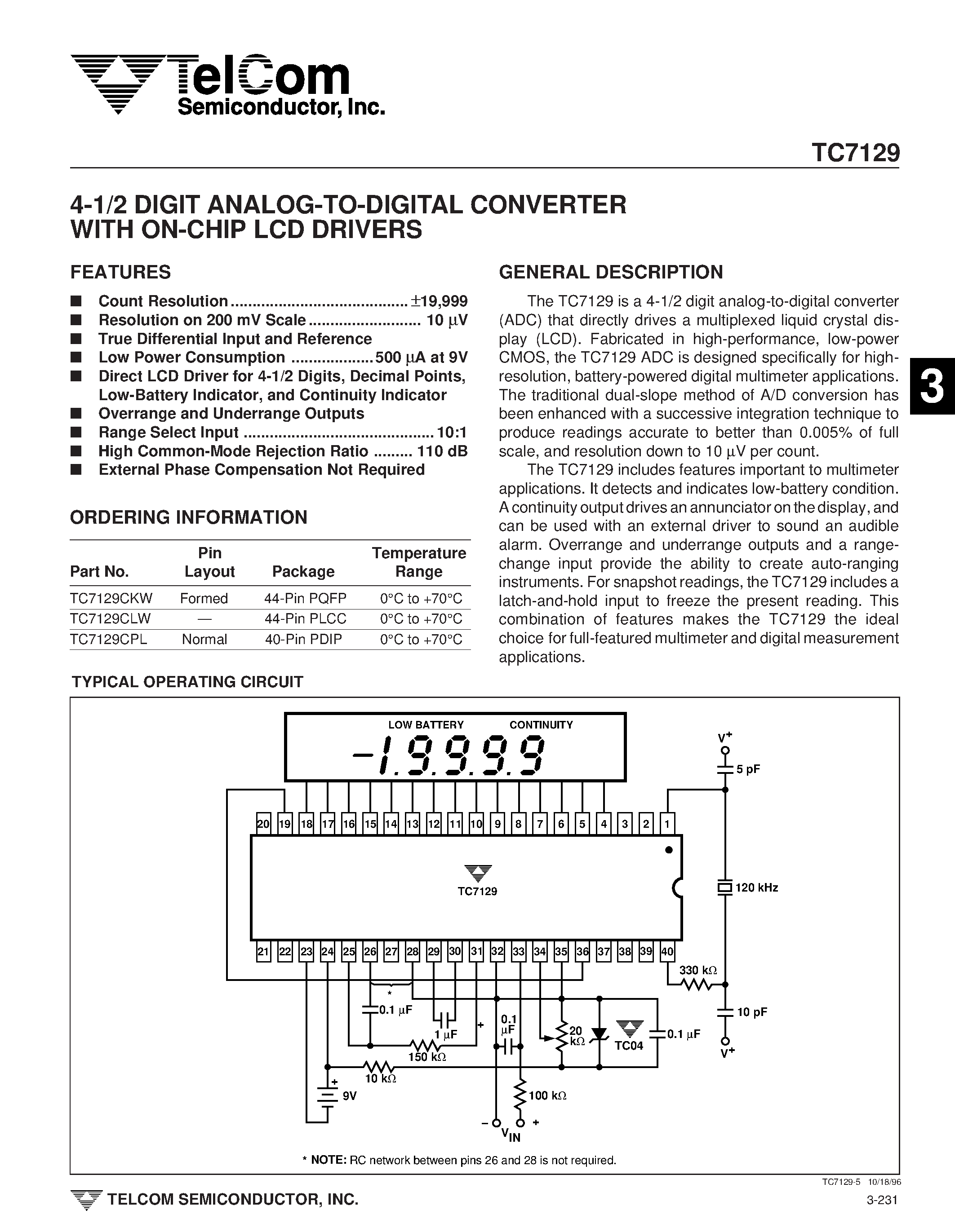 Даташит TC7129 - 4-1/2 DIGIT ANALOG-TO-DIGITAL CONVERTER WITH ON-CHIP LCD DRIVERS страница 1