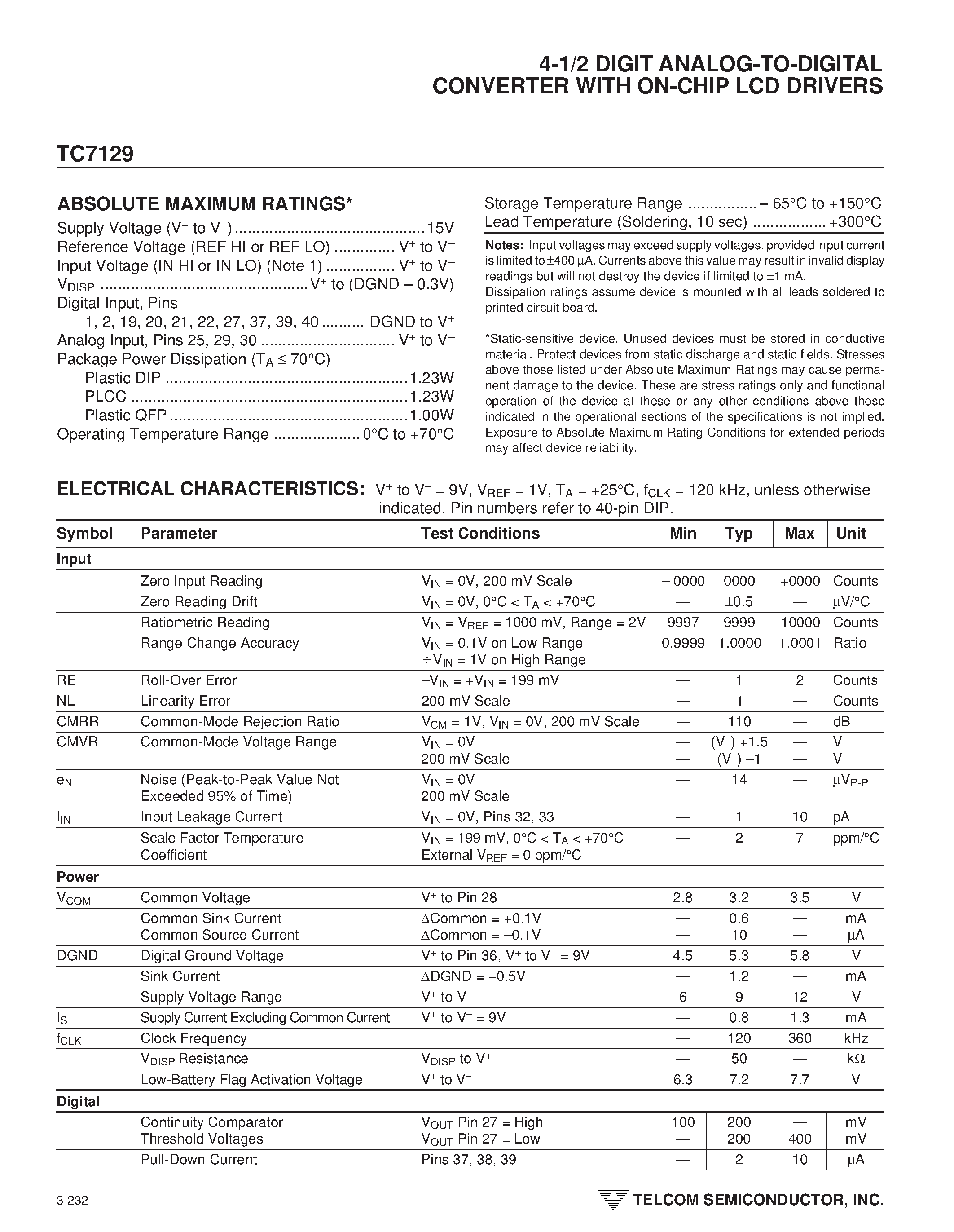 Даташит TC7129 - 4-1/2 DIGIT ANALOG-TO-DIGITAL CONVERTER WITH ON-CHIP LCD DRIVERS страница 2