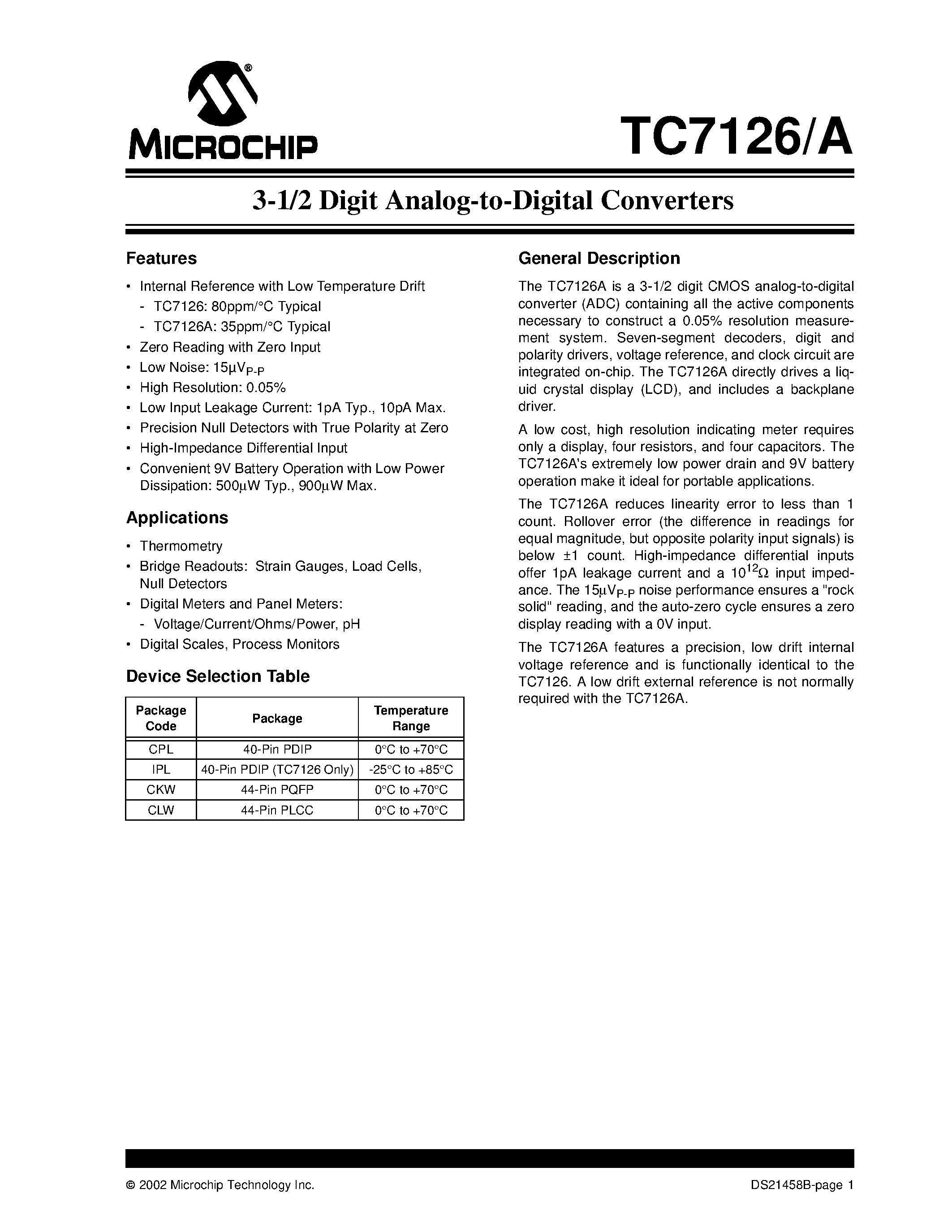 Даташит TC7126 - 3-1/2 Digit Analog-to-Digital Converters страница 1