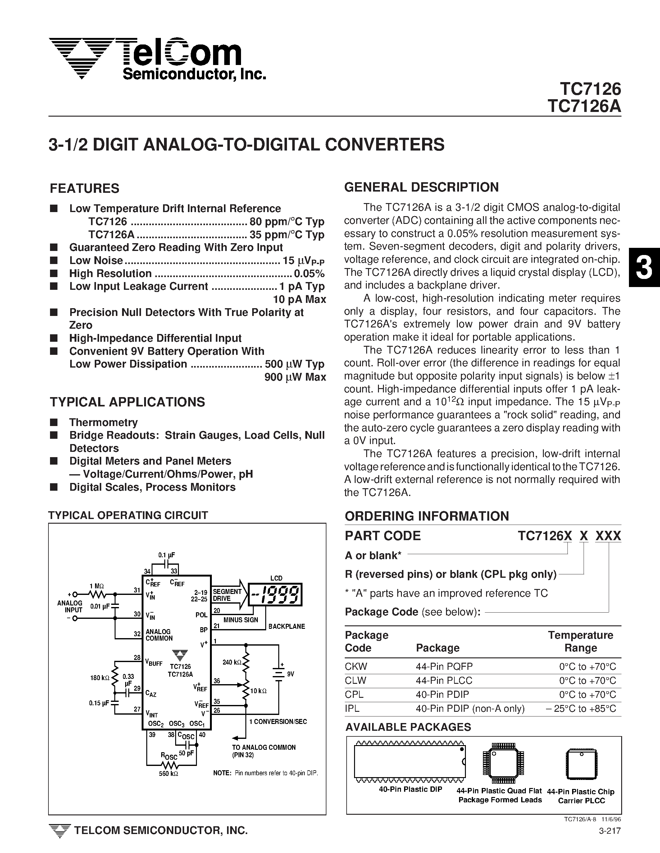 Даташит TC7126 - 3-1/2 DIGIT ANALOG-TO-DIGITAL CONVERTERS страница 1