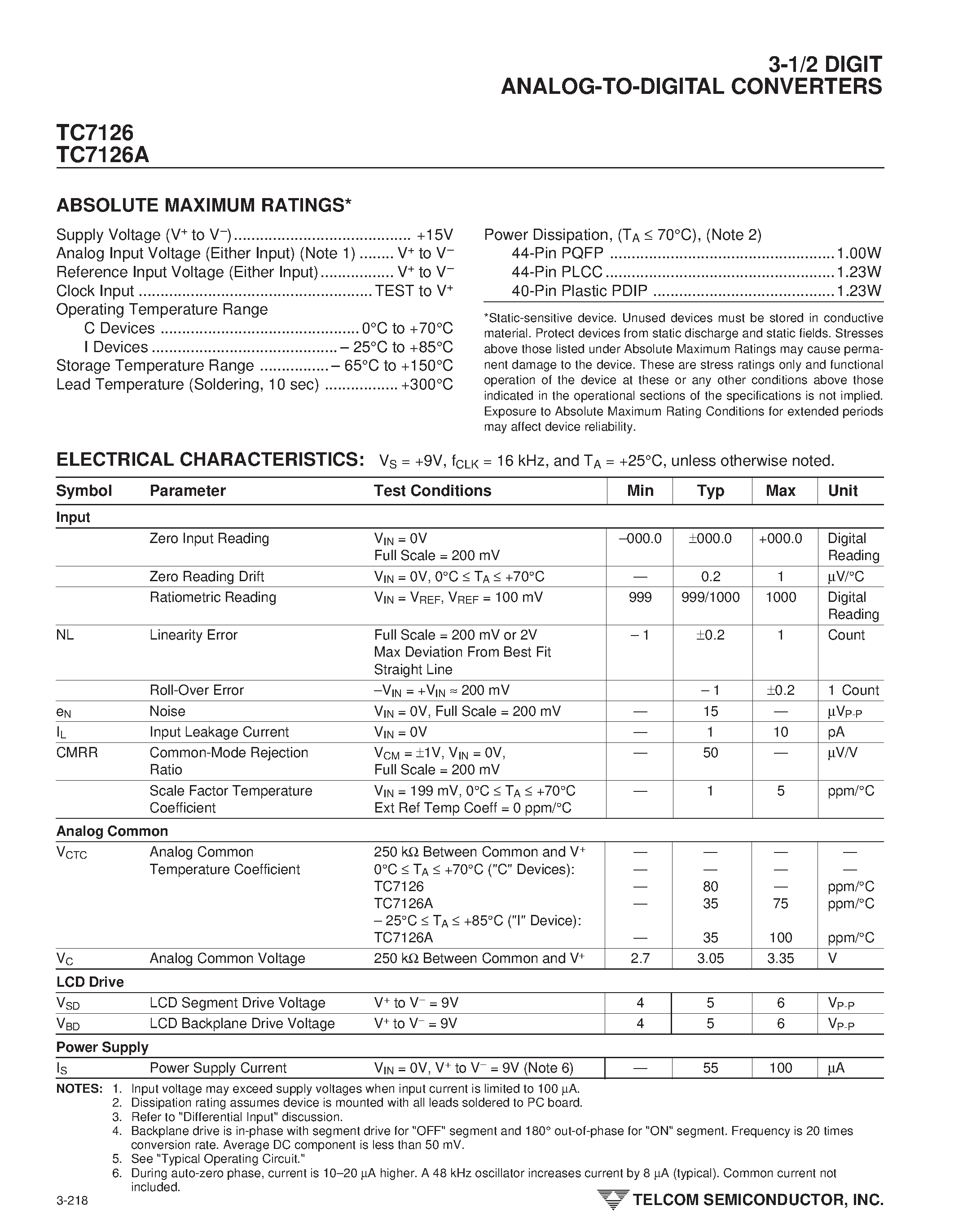 Даташит TC7126 - 3-1/2 DIGIT ANALOG-TO-DIGITAL CONVERTERS страница 2