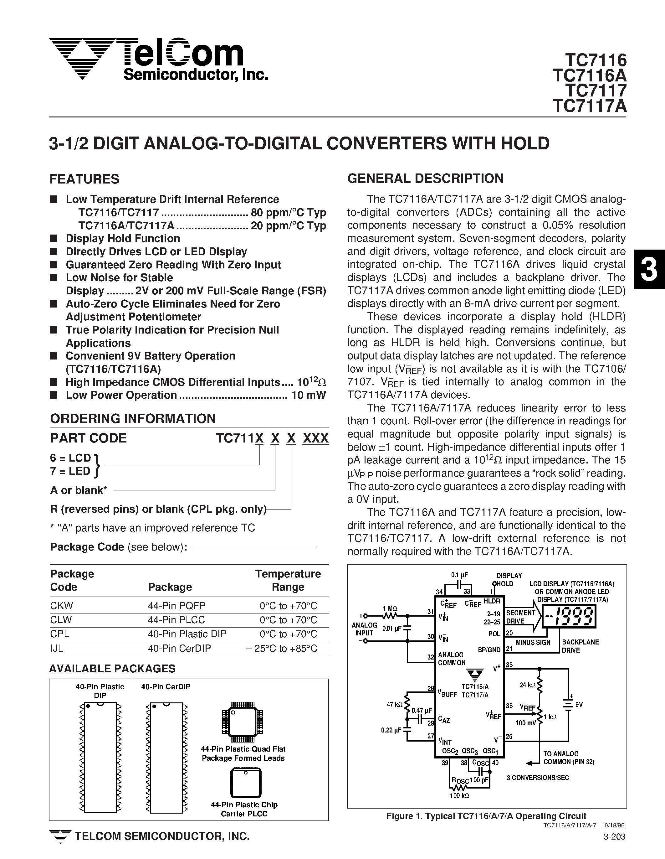 Даташит TC7117 - 3-1/2 DIGIT ANALOG-TO-DIGITAL CONVERTERS WITH HOLD страница 1