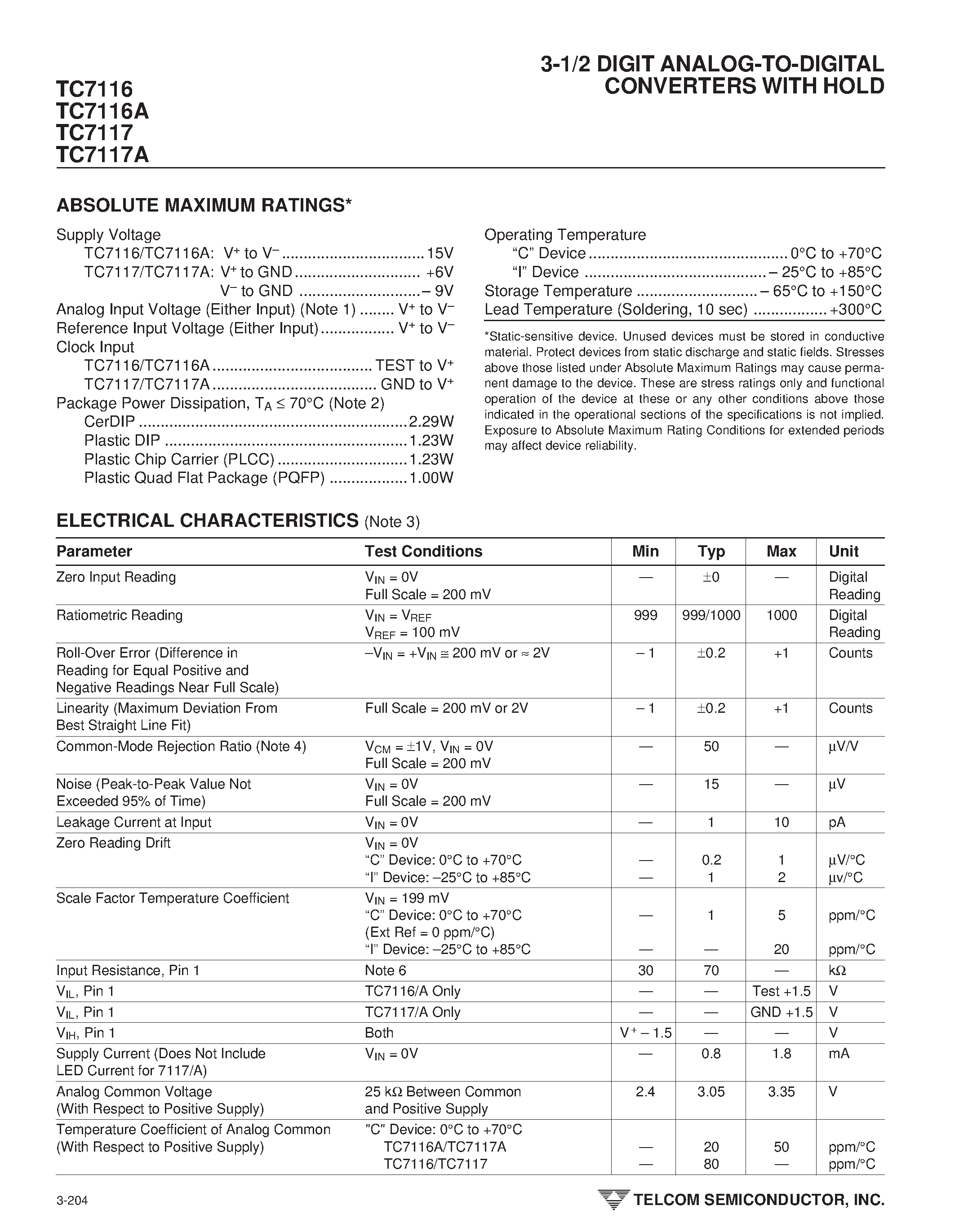 Даташит TC7117 - 3-1/2 DIGIT ANALOG-TO-DIGITAL CONVERTERS WITH HOLD страница 2